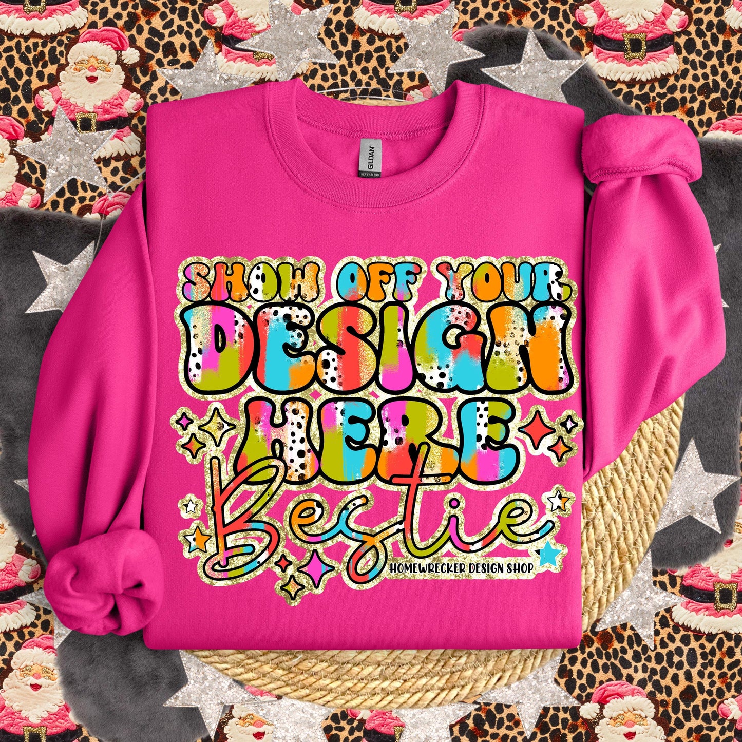 GILDAN Heliconia Sweatshirt Mockup, G18000 Mockup, flat lay, Retro leopard print Santa Claus, product mock-up, download