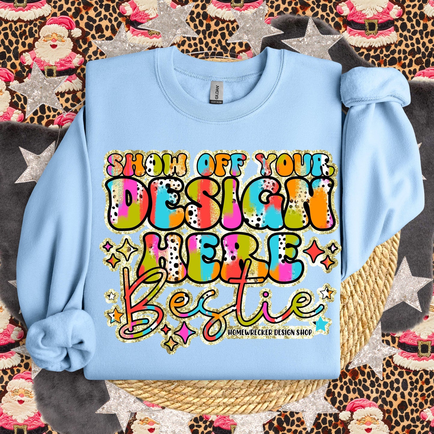 GILDAN Light Blue Sweatshirt Mockup, G18000 Mockup, flat lay, Retro leopard print Santa Claus, product mock-up, download