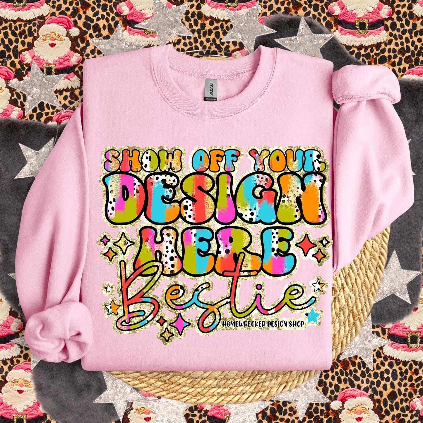 christmas mock up GILDAN Light Pink Sweatshirt Mockup, G18000 Mockup, flat lay, Retro leopard print Santa Claus, product mock-up, download