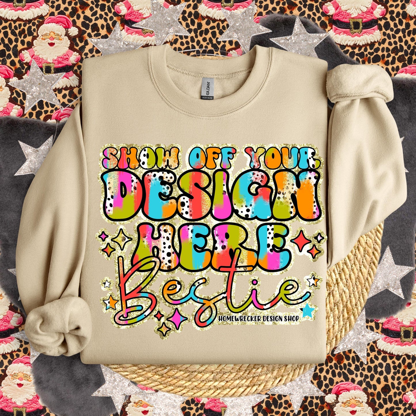 Christmas Mock up GILDAN Sand Sweatshirt Mockup, G18000 Mockup, flat lay, Retro leopard print Santa Claus, product mock-up, download