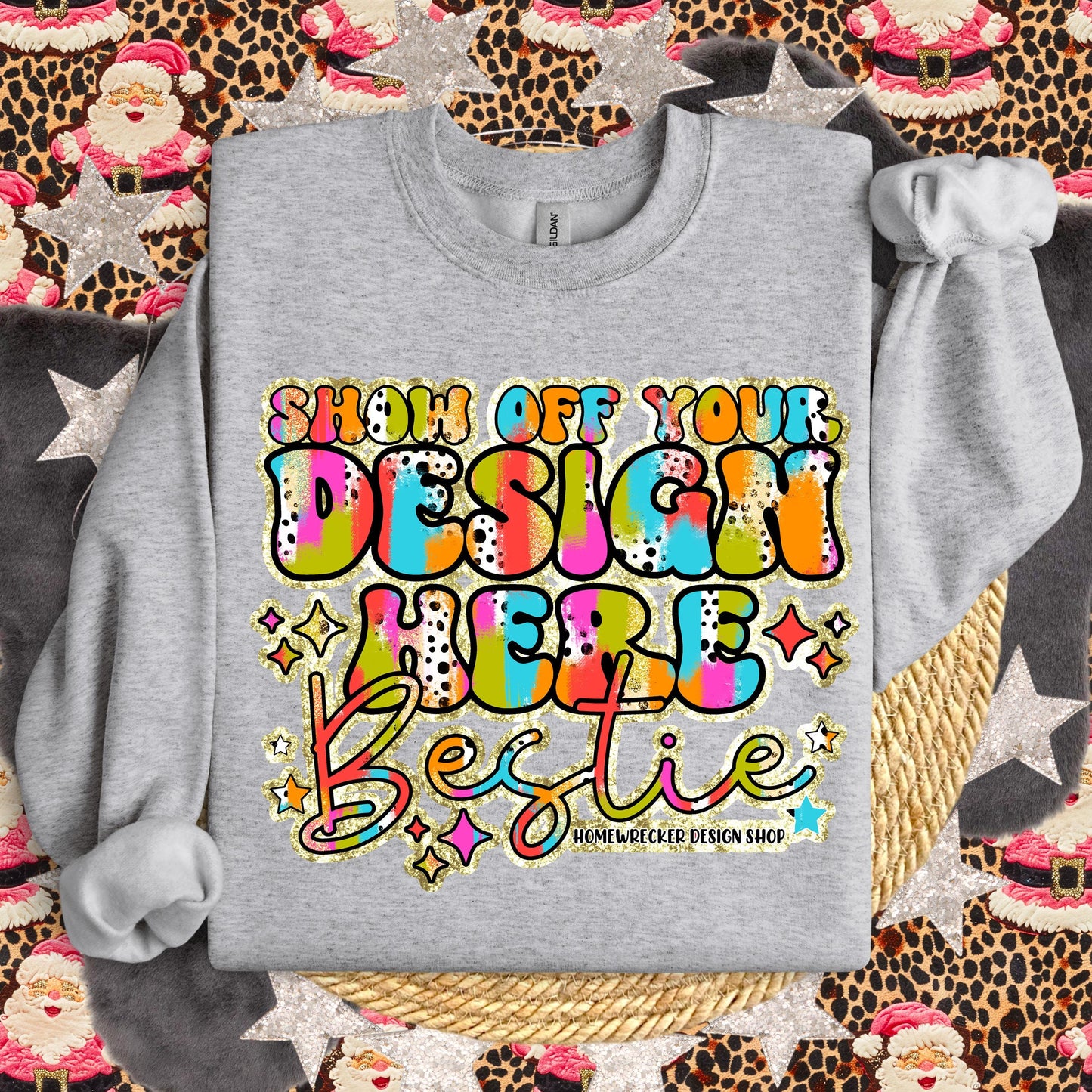 Christmas Mock up GILDAN Sport Grey Sweatshirt Mockup, G18000 Mockup, flat lay, Retro leopard print Santa Claus, product mock-up, download