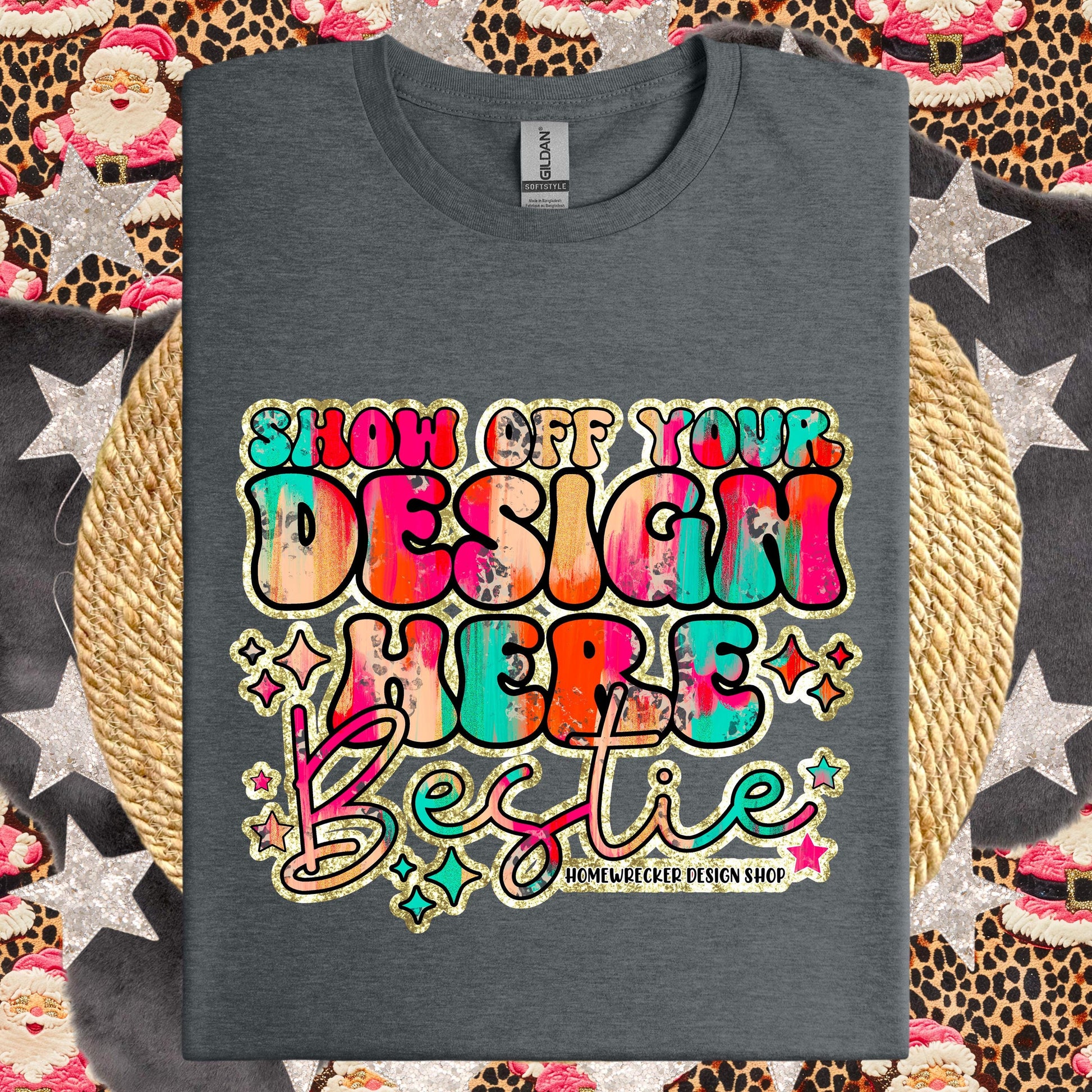 Christmas Mock up GILDAN Softstyle Mockup, Dark Heather, Mockup, flat lay, Retro leopard print Santa Claus, product mock-up, download