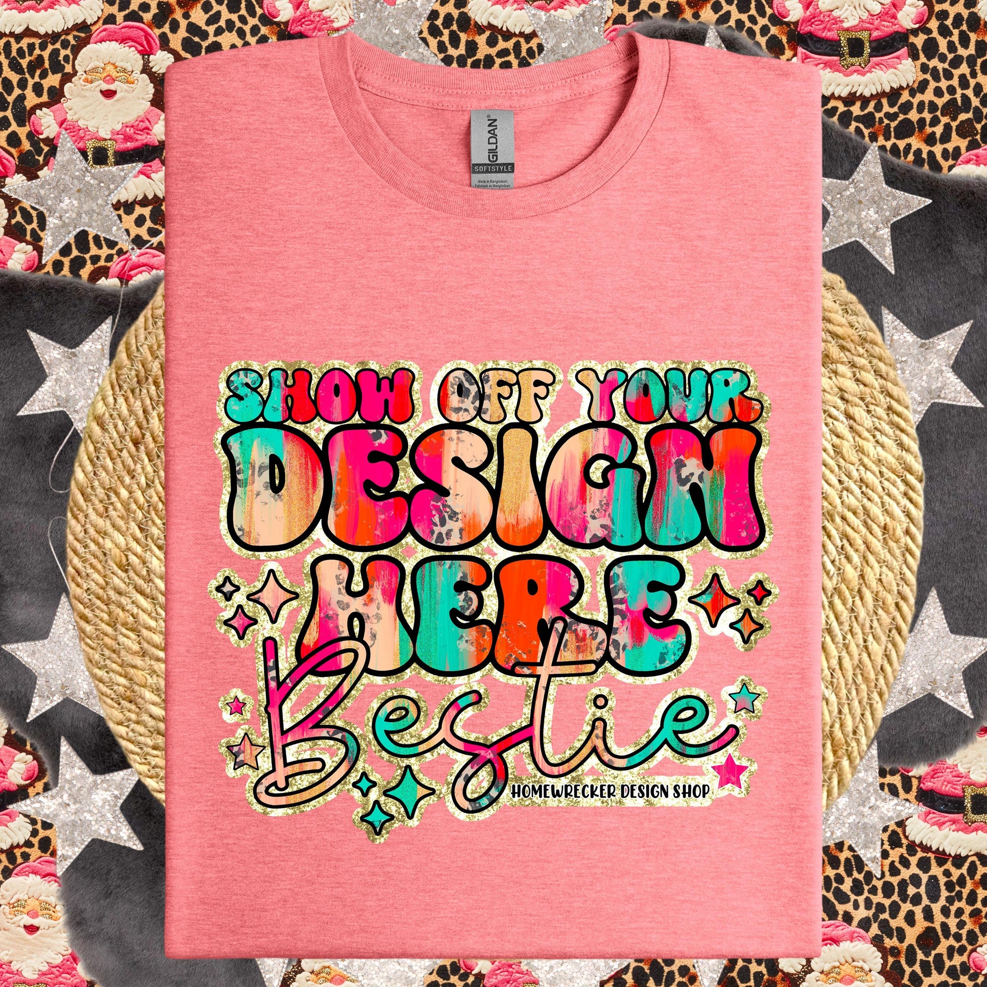 Christmas Mock up GILDAN Softstyle Mockup, Heather Coral Silk, Mockup, flat lay, Retro leopard print Santa Claus, product mock-up, download