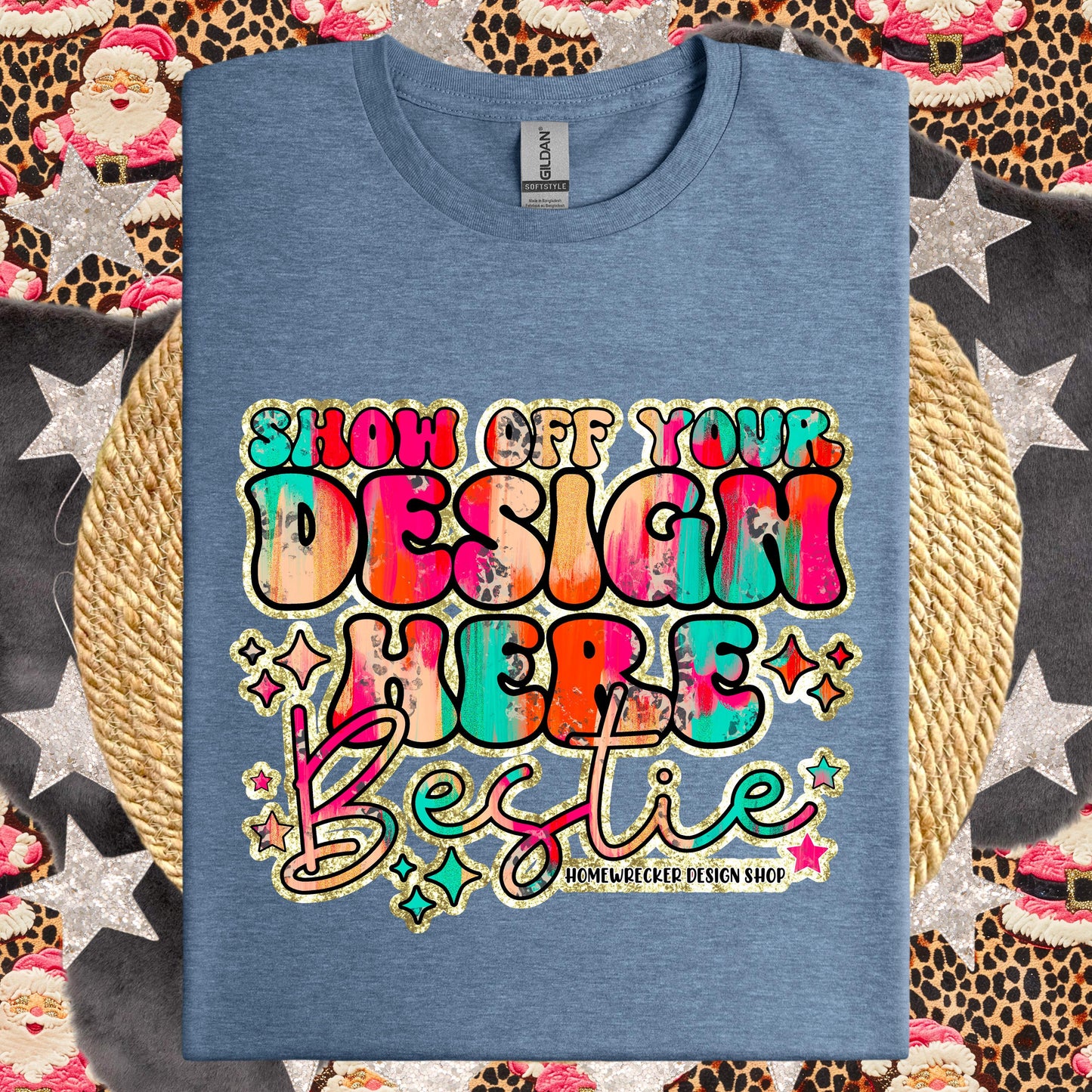 Christmas Mock up GILDAN Softstyle Mockup, Heather Indigo Mockup, flat lay, Retro leopard print Santa Claus, product mock-up, download