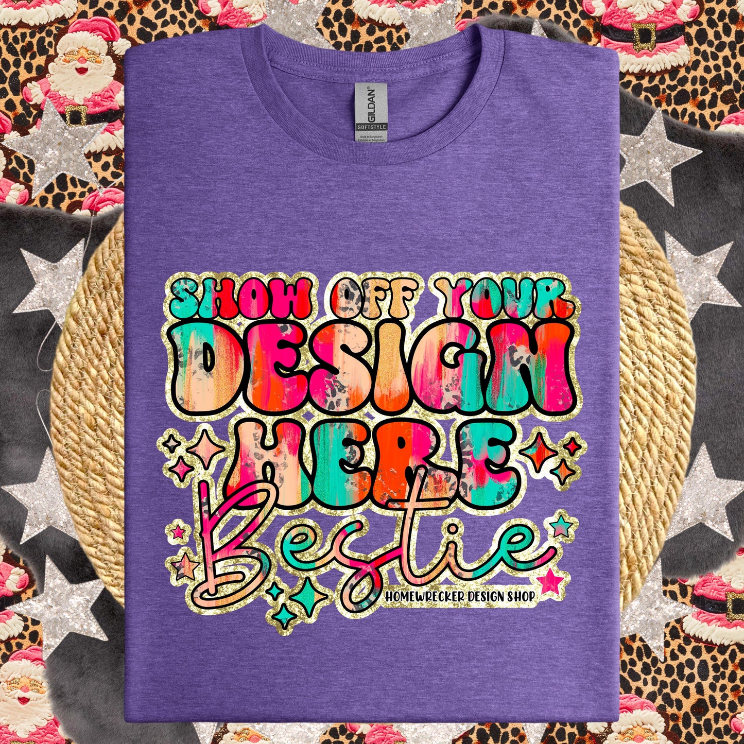 Christmas Mock up GILDAN Softstyle Mockup, Heather Purple Mockup, flat lay, Retro leopard print Santa Claus, product mock-up, download