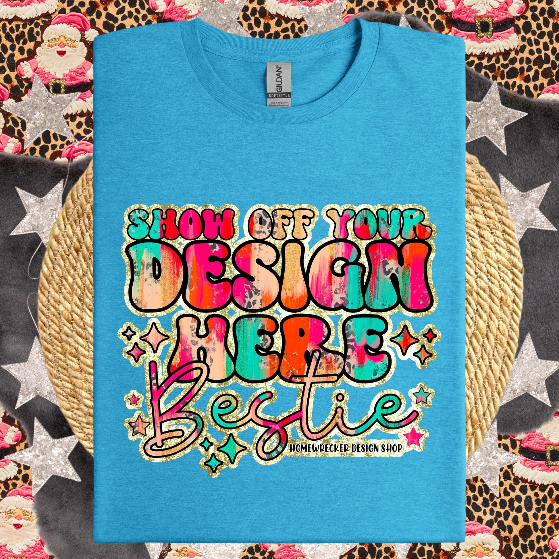 Christmas Mock up GILDAN Softstyle Mockup, Heather Sapphire, flat lay, Retro leopard print Santa Claus, product mock-up, download