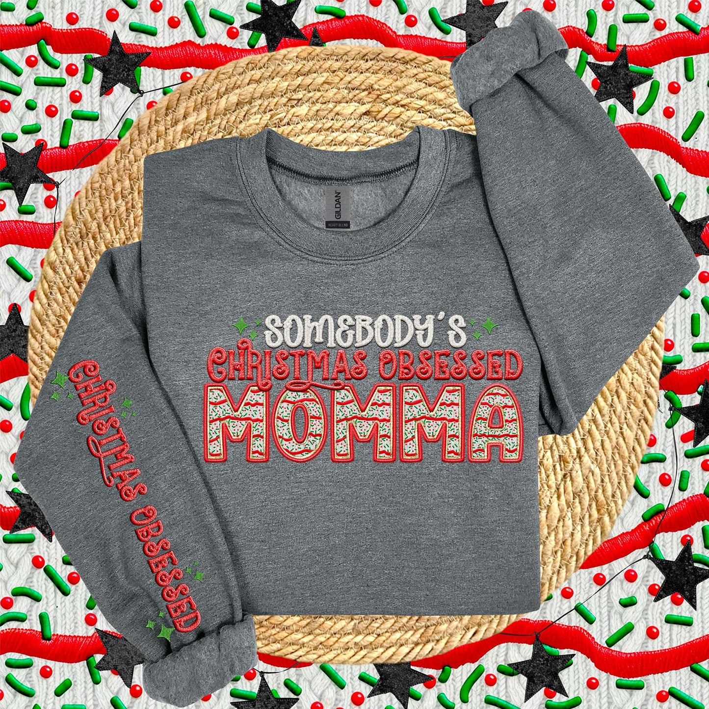 MOMMA | Somebodys Christmas Obsessed PNG Faux Embroidery digital Design Christmas PNG Holiday T-shirt Design Holiday Digital Download