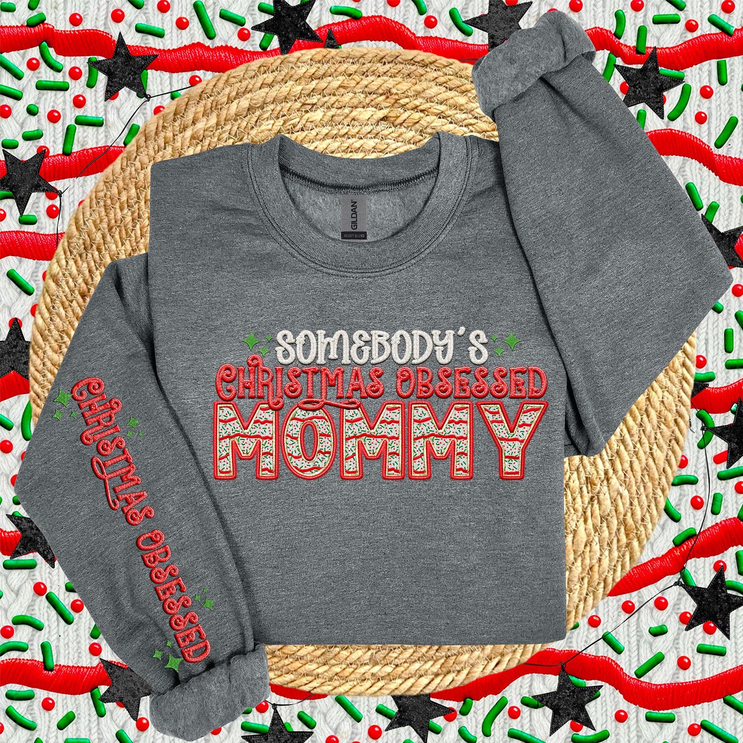 MOMMY | Somebodys Christmas Obsessed PNG Faux Embroidery digital Design Christmas PNG Holiday T-shirt Design Holiday Digital Download