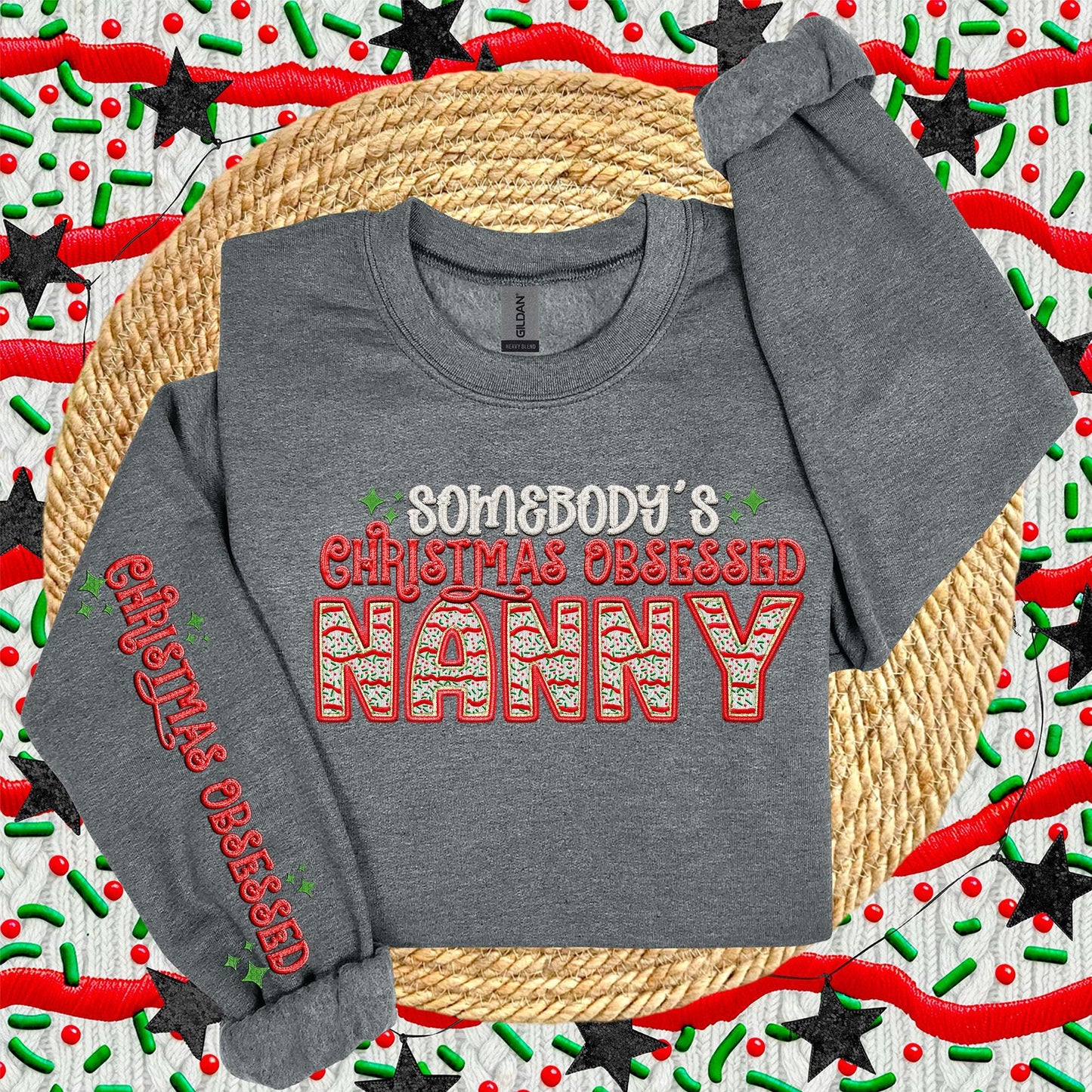 NANNY | Somebodys Christmas Obsessed PNG Faux Embroidery digital Design Christmas PNG Holiday T-shirt Design Holiday Digital Download