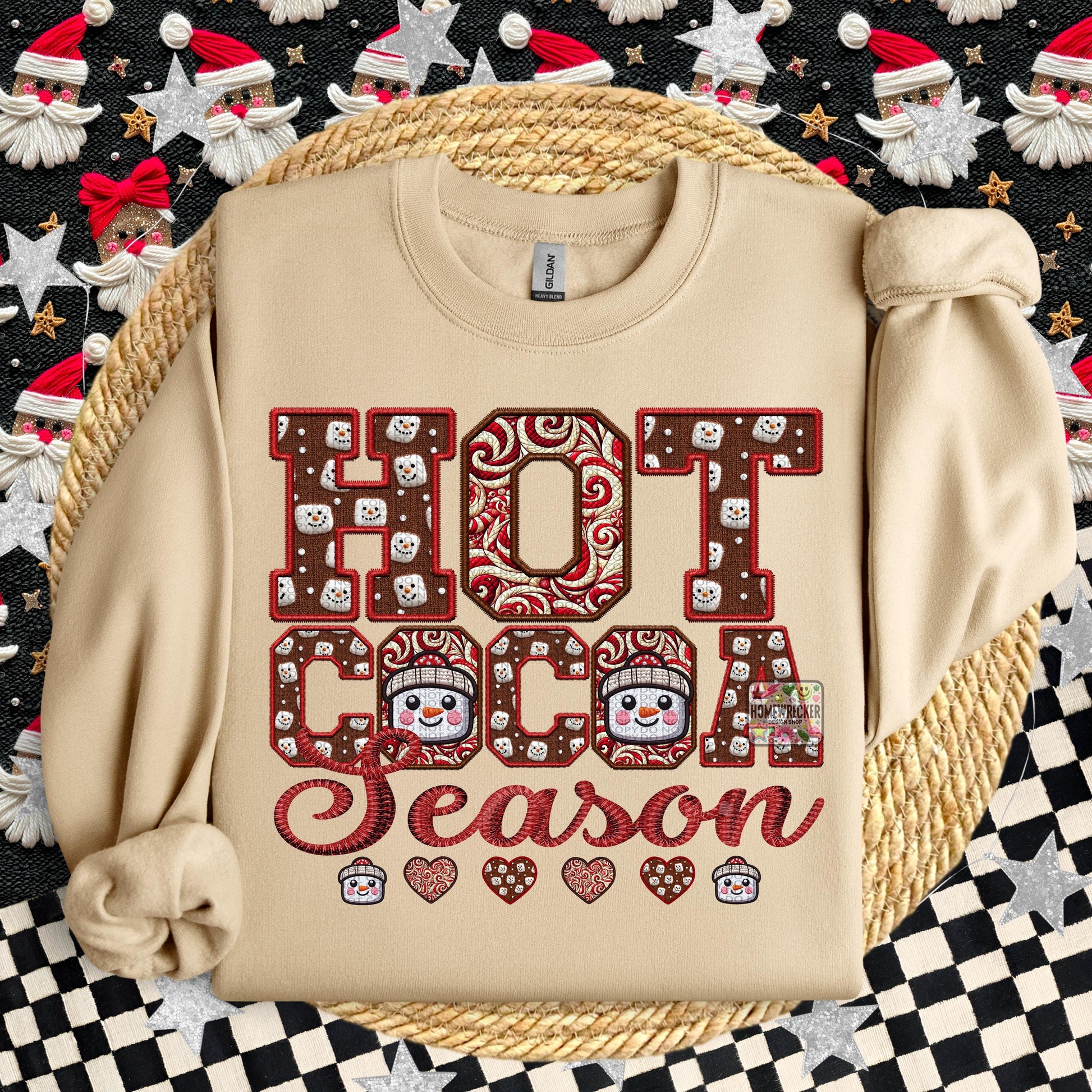 Hot Cocoa PNG Hot Cocoa Season, Peppermint, Hot Cocoa and Marshmallows Tshirt Design PNG Faux Embroidery