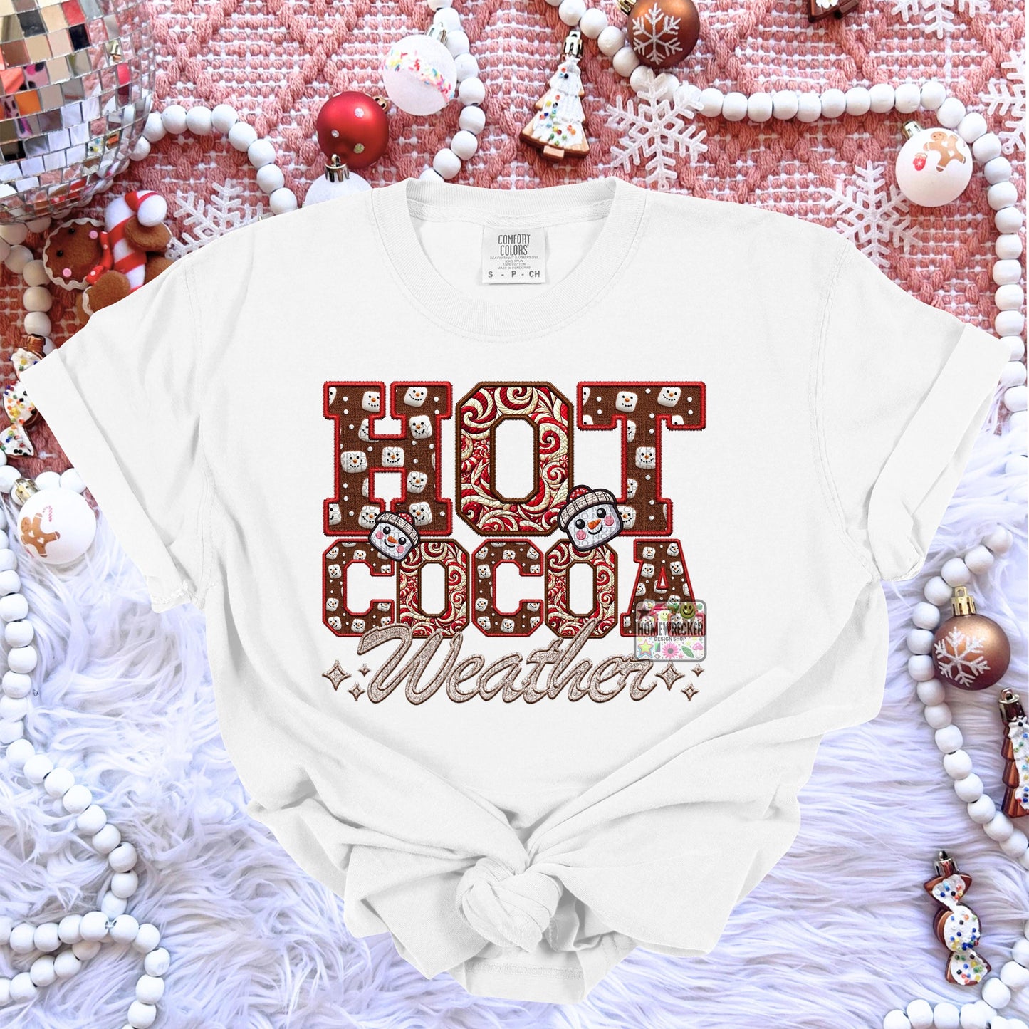 Hot Cocoa PNG Hot Cocoa Weather, Peppermint, Hot Cocoa and Marshmallows Tshirt Design PNG Faux Embroidery