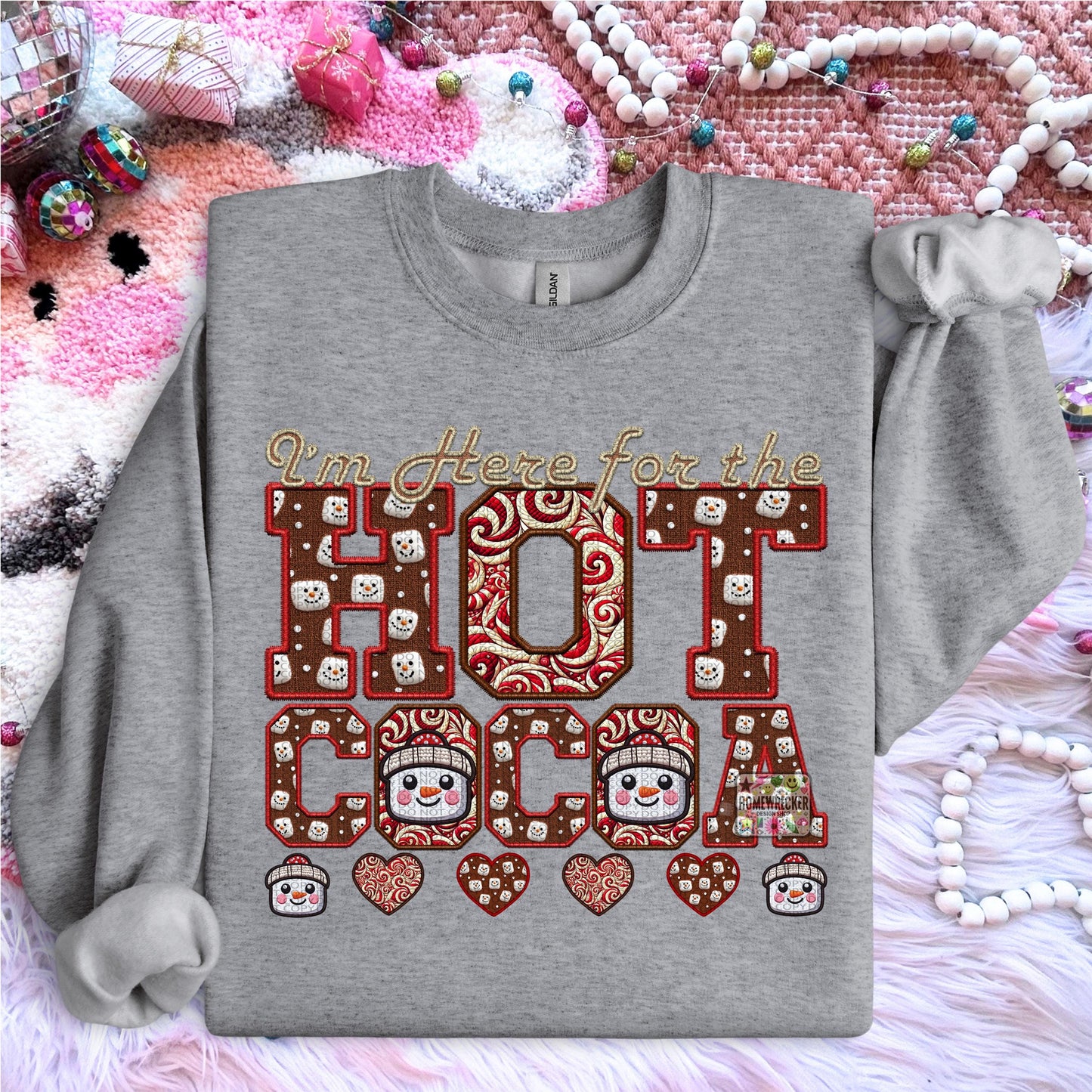 Hot Cocoa PNG I'm here for the hot cocoa, Peppermint, Hot Cocoa and Marshmallows Tshirt Design PNG Faux Embroidery