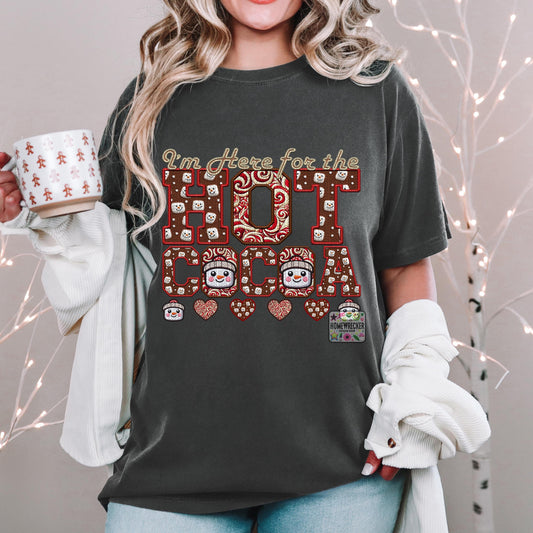 Hot Cocoa PNG I'm here for the hot cocoa, Peppermint, Hot Cocoa and Marshmallows Tshirt Design PNG Faux Embroidery