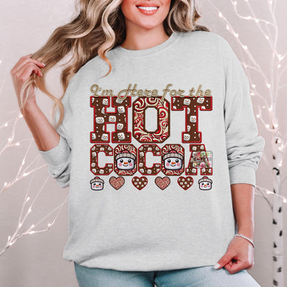 Hot Cocoa PNG I'm here for the hot cocoa, Peppermint, Hot Cocoa and Marshmallows Tshirt Design PNG Faux Embroidery