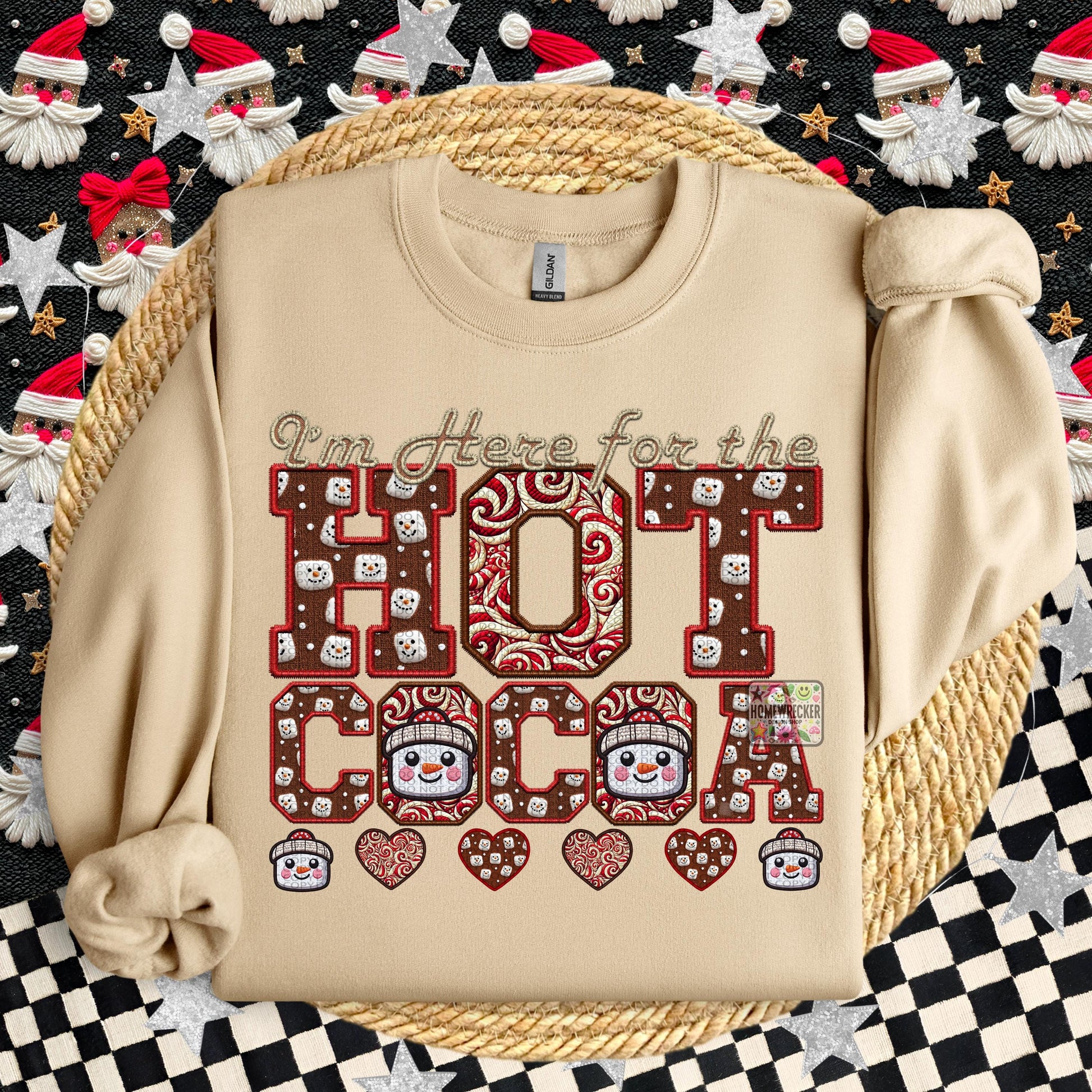 Hot Cocoa PNG I'm here for the hot cocoa, Peppermint, Hot Cocoa and Marshmallows Tshirt Design PNG Faux Embroidery