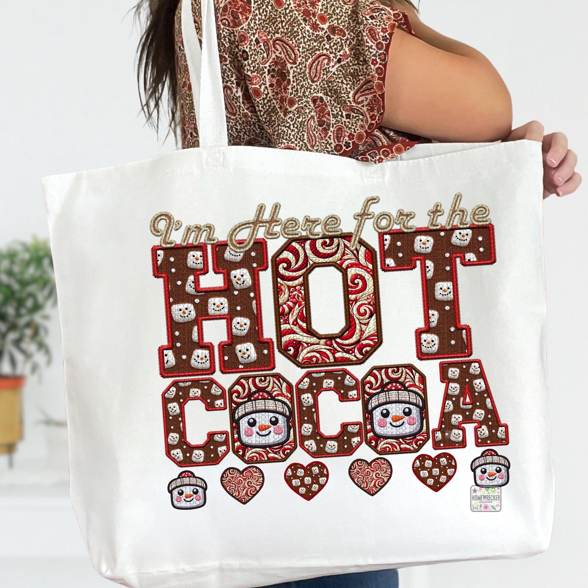 Hot Cocoa PNG I'm here for the hot cocoa, Peppermint, Hot Cocoa and Marshmallows Tshirt Design PNG Faux Embroidery