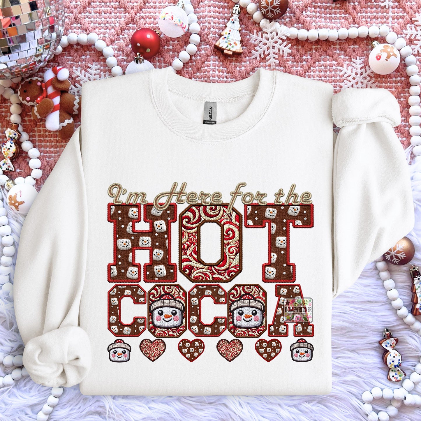 Hot Cocoa PNG I'm here for the hot cocoa, Peppermint, Hot Cocoa and Marshmallows Tshirt Design PNG Faux Embroidery