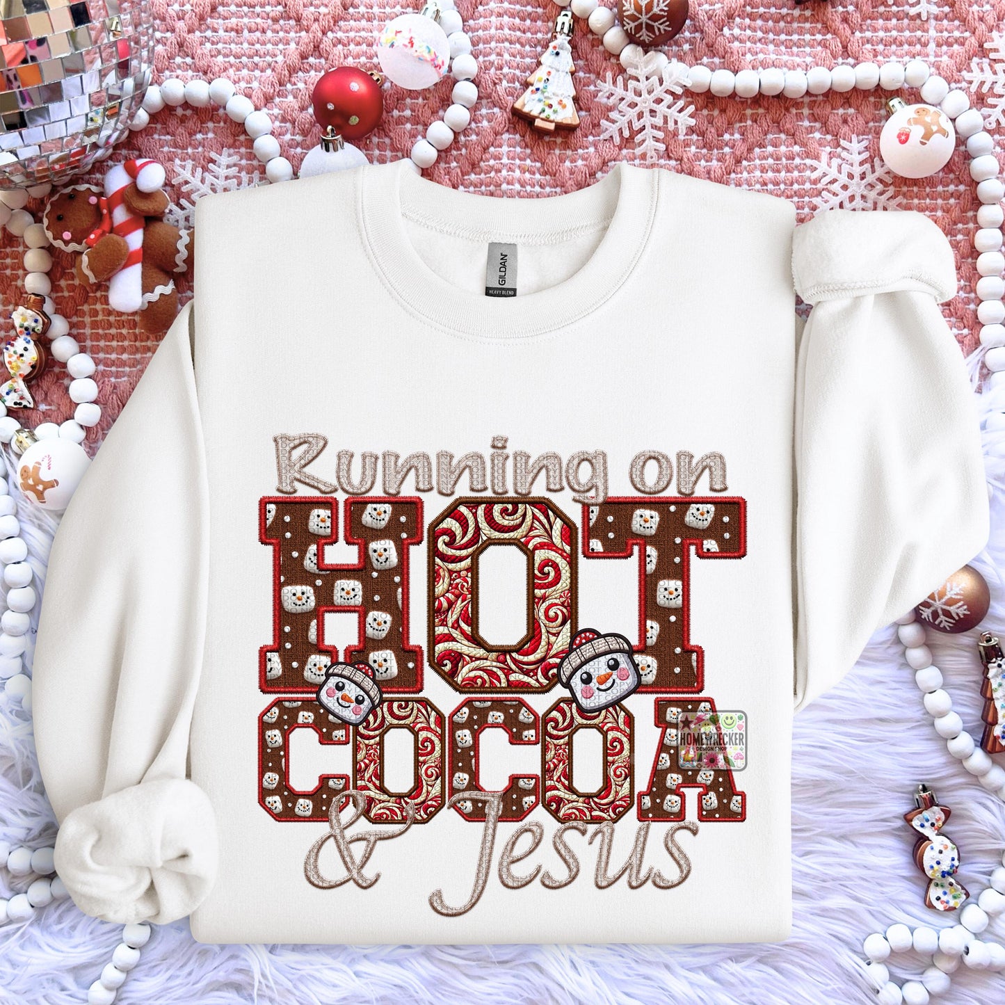 Running on Hot Cocoa and Jesus PNG Hot Cocoa, Peppermint, Hot Cocoa and Marshmallows Tshirt Design PNG Faux Embroidery