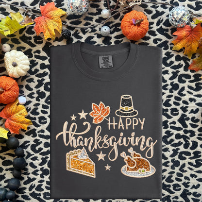 Thanksgiving PNG, happy thanksgiving, turkey png, pie, pumpkin pie, fall, autumn, faux embroidery, thanksgiving design, tshirt design, PNG