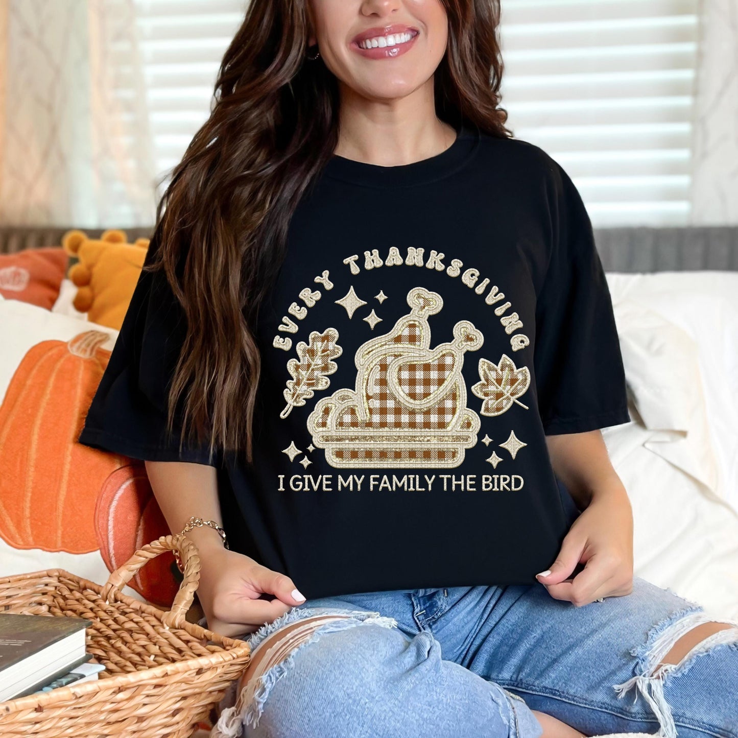 Thanksgiving PNG, every year I give my family the bird, turkey, faux embroidery, thanksgiving design, tshirt design, PNG