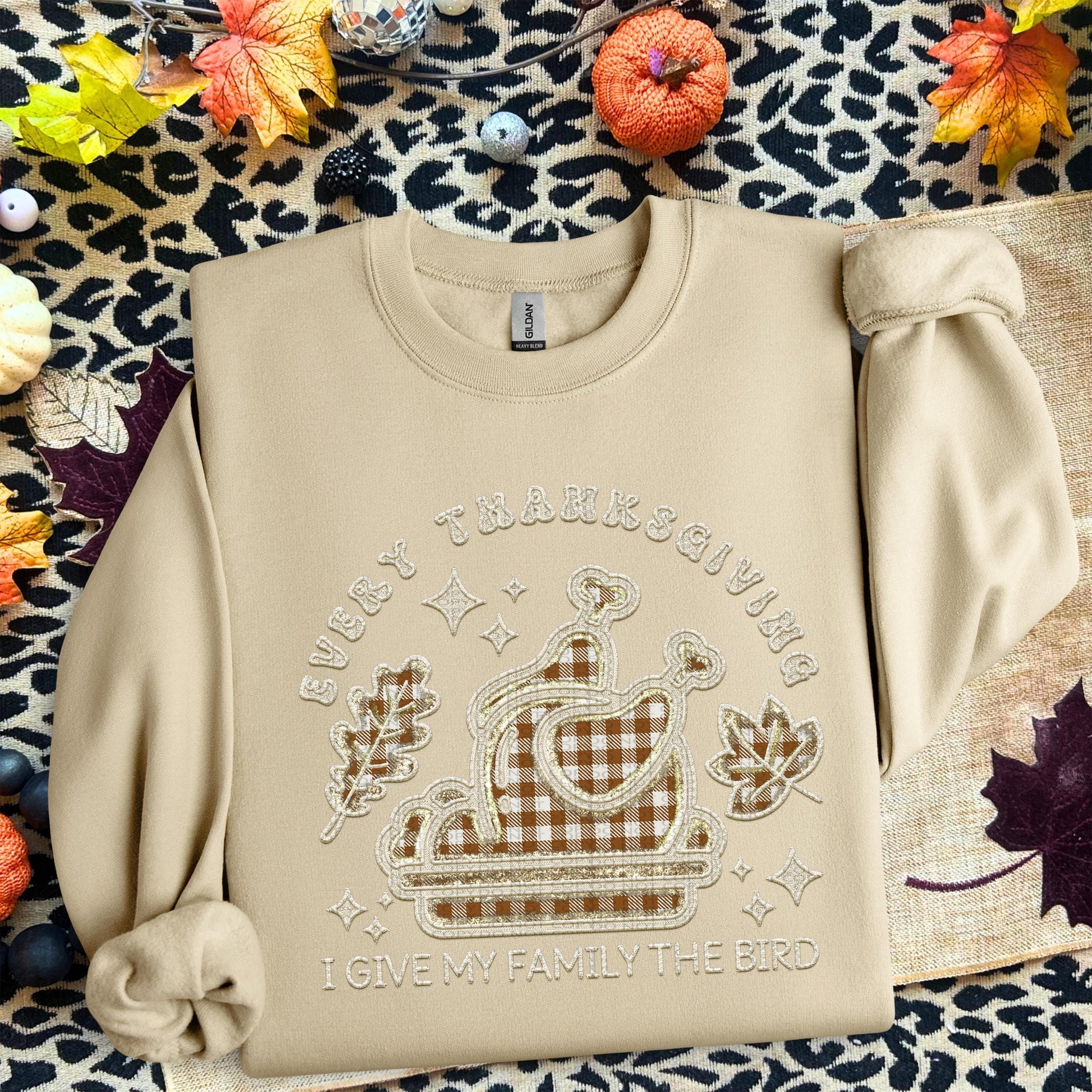 Thanksgiving PNG, every year I give my family the bird, turkey, faux embroidery, thanksgiving design, tshirt design, PNG