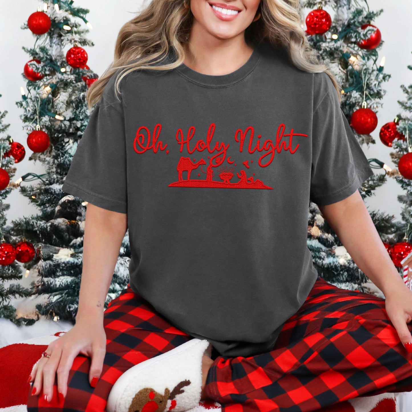 Oh Holy Night PNG Faux Embroidery digital Design Christmas PNG Holiday T-shirt Design Festive Merry Nativity Scene Digital Download