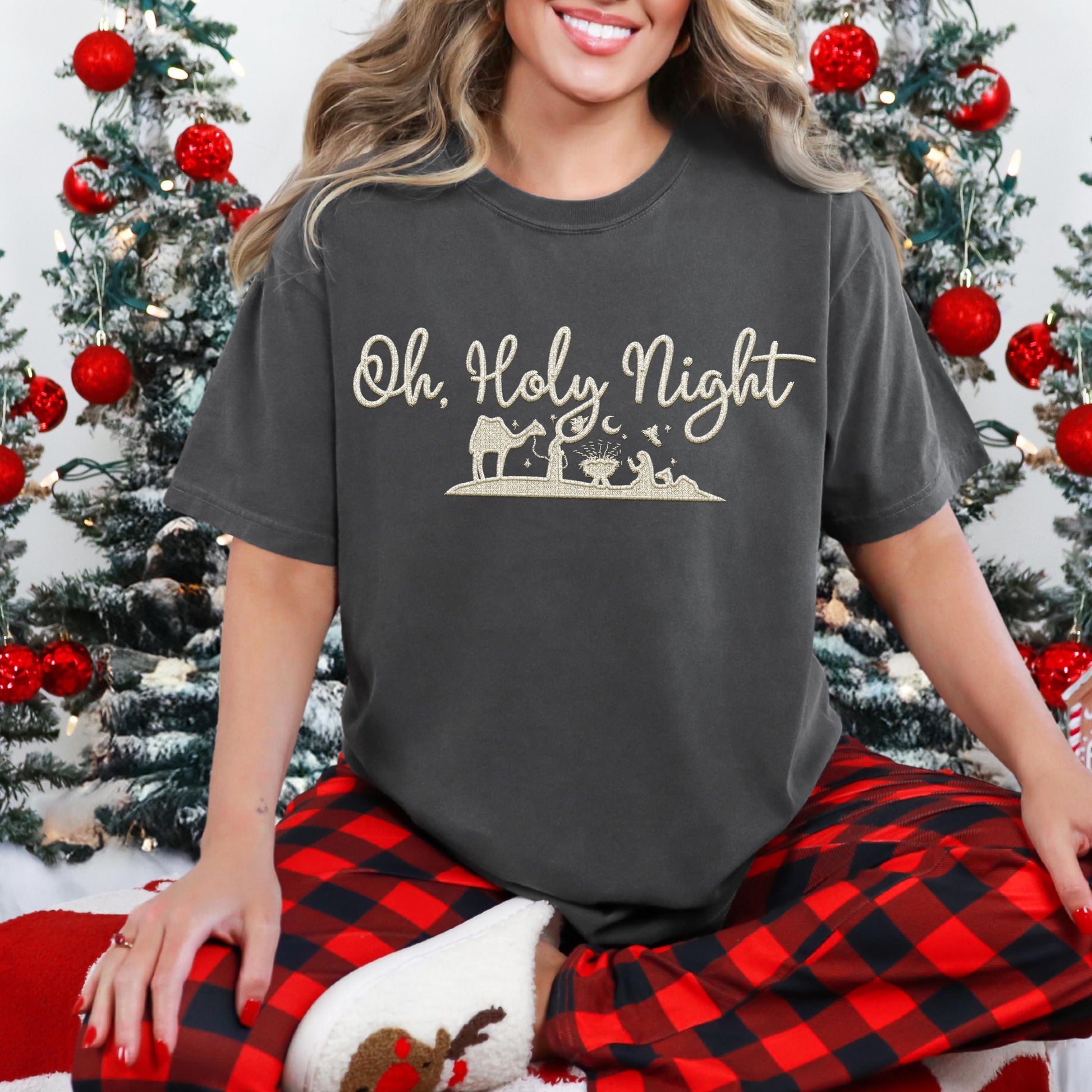 Oh Holy Night PNG Faux Embroidery digital Design Christmas PNG Holiday T-shirt Design Festive Merry Nativity Scene Digital Download