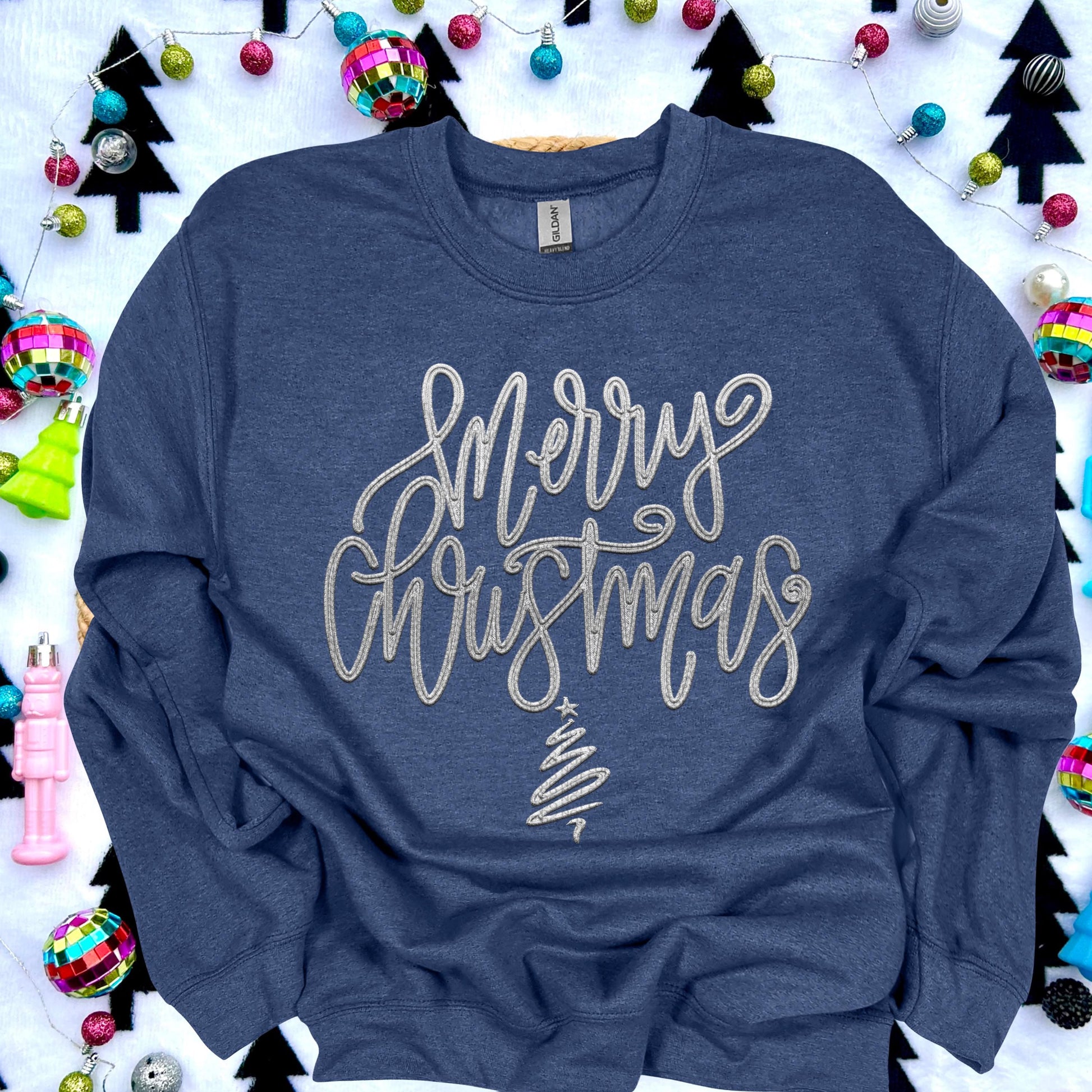 Merry Christmas PNG, GREY faux embroidery digital design, Christmas Holiday design, tshirt design, Script Font Christmas PNG