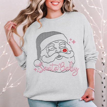 Santa Baby PNG, Grey and pink, faux embroidery digital design, Christmas Holiday design, tshirt design, Script Font Christmas PNG