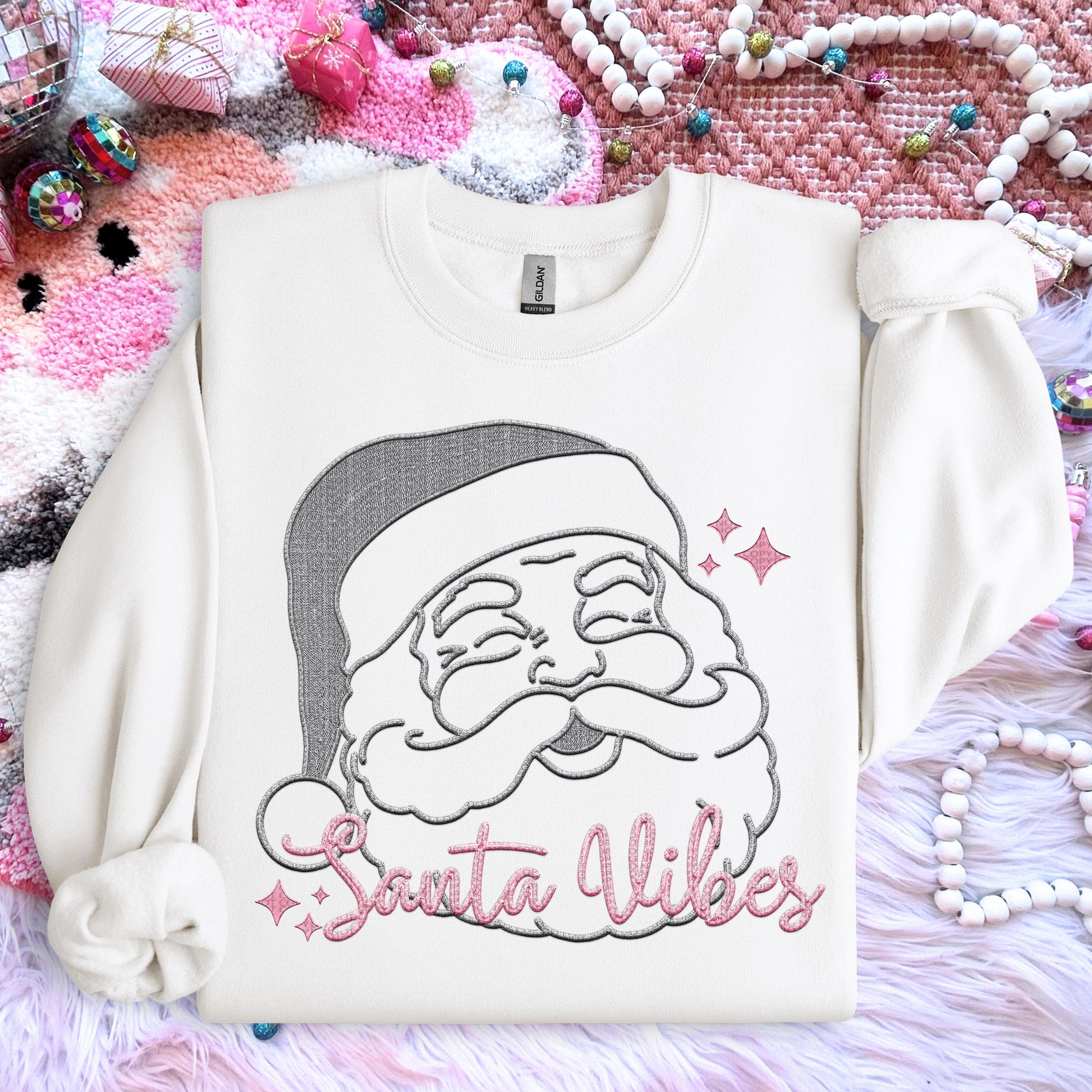 Santa Vibes PNG, Grey and Pink, faux embroidery digital design, Christmas Holiday design, tshirt design, Script Font Christmas PNG