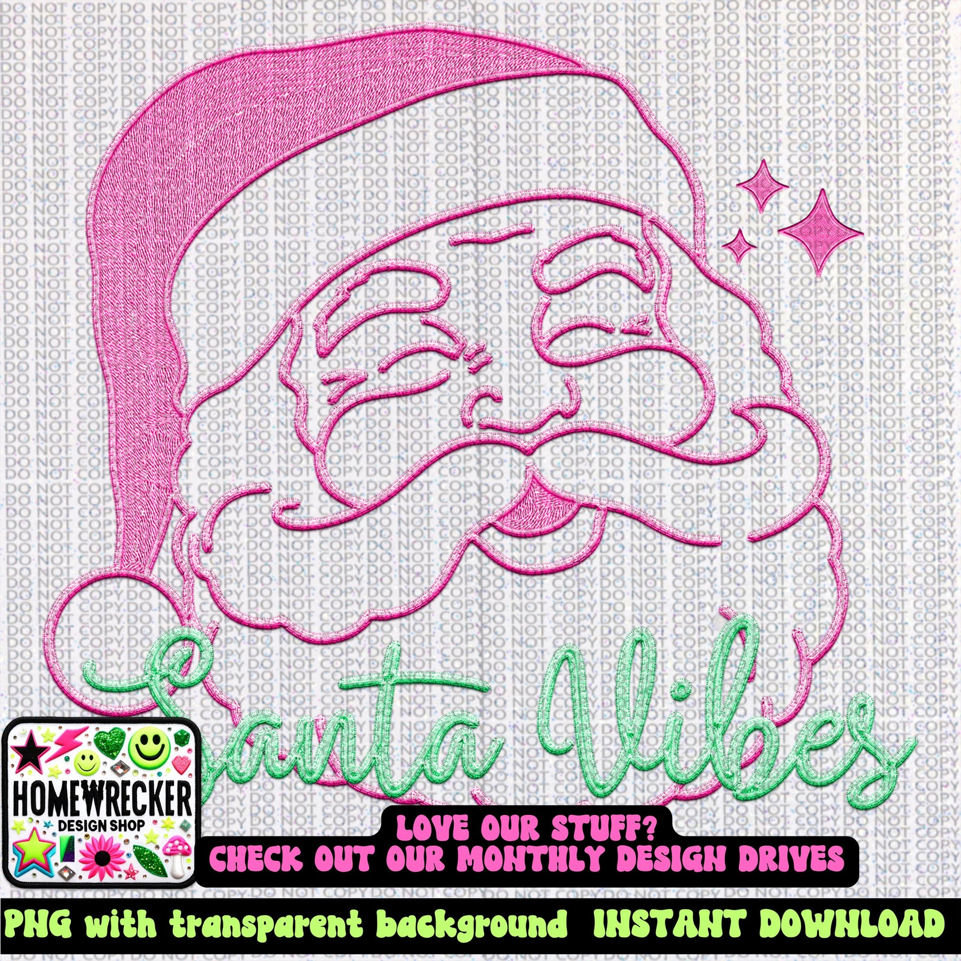 Santa Vibes PNG, Pastel Pink and Green, faux embroidery digital design, Christmas Holiday design, tshirt design, Script Font Christmas PNG