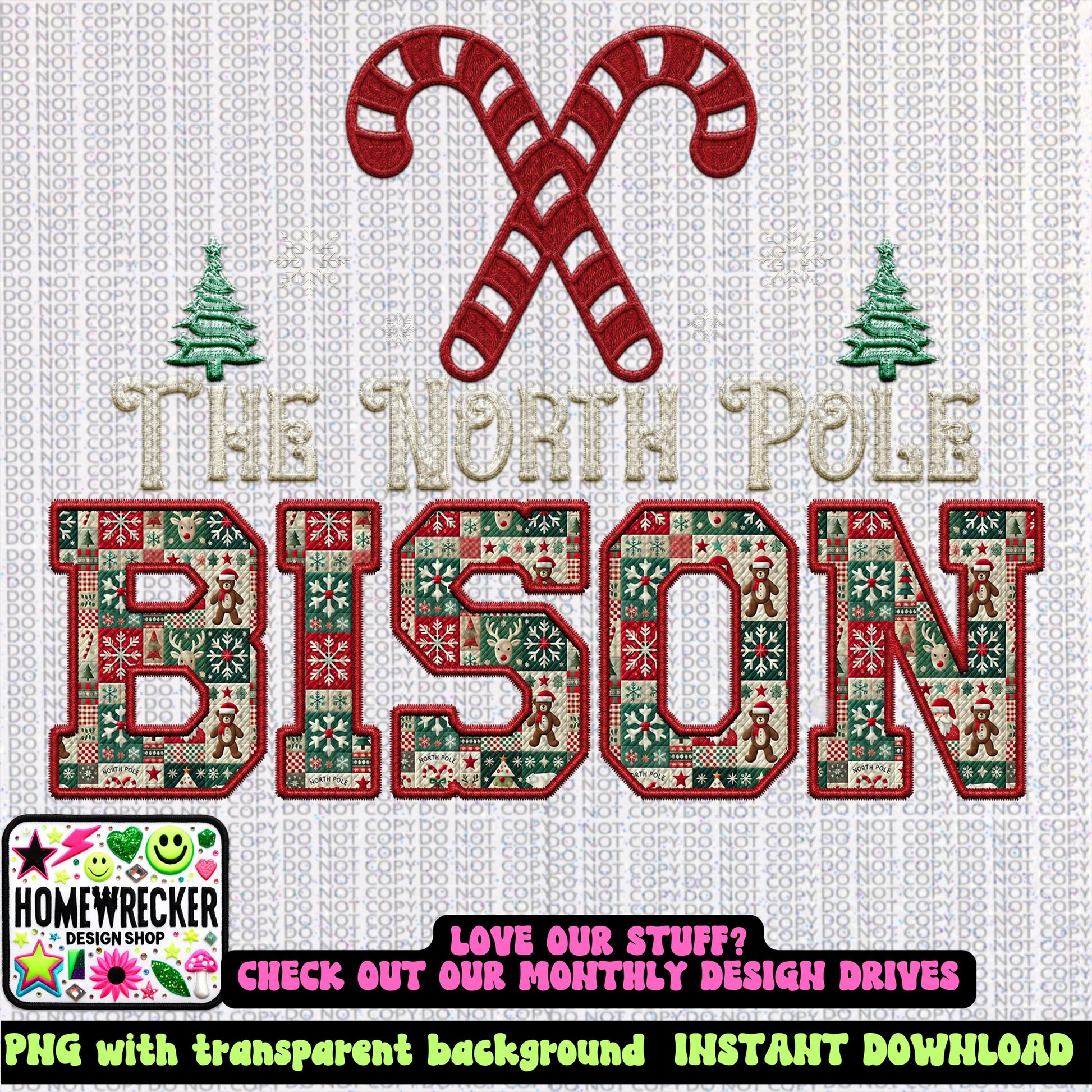 Bison Christmas themed Mascot PNG Christmas School Spirit, Holiday Mascot, Game day Christmas Festive, Faux Embroidery Digital Download