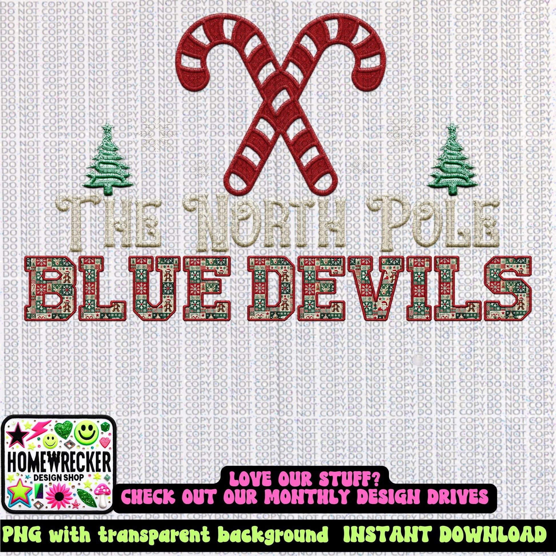 Blue Devils Christmas themed Mascot PNG Christmas School Spirit, Holiday Mascot, Game day Christmas Festive Faux Embroidery Digital Download