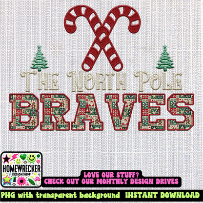 Braves Christmas themed Mascot PNG Christmas School Spirit, Holiday Mascot, Game day Christmas Festive Faux Embroidery Digital Download