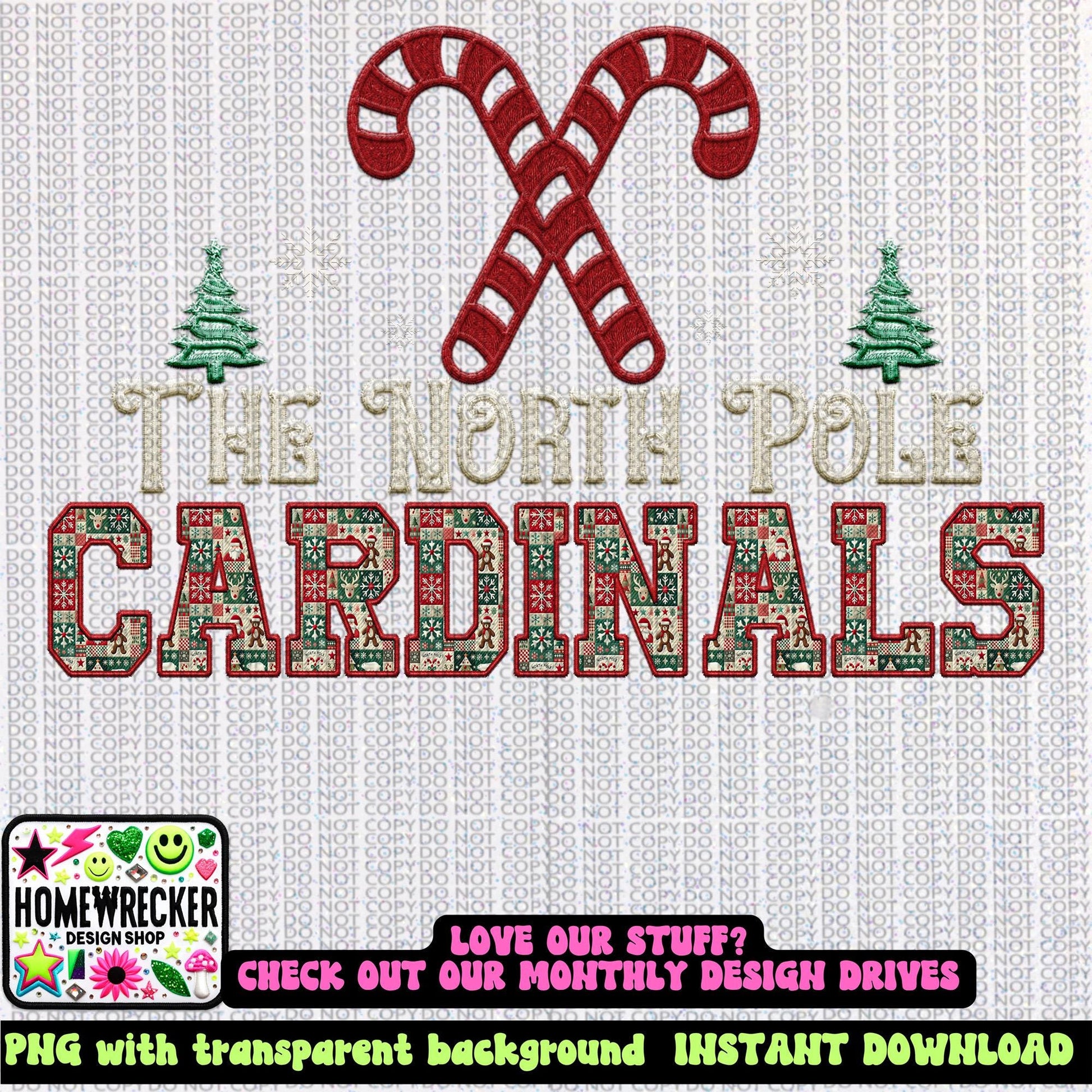 Cardinals Christmas themed Mascot PNG Christmas School Spirit, Holiday Mascot, Game day Christmas Festive Faux Embroidery Digital Download