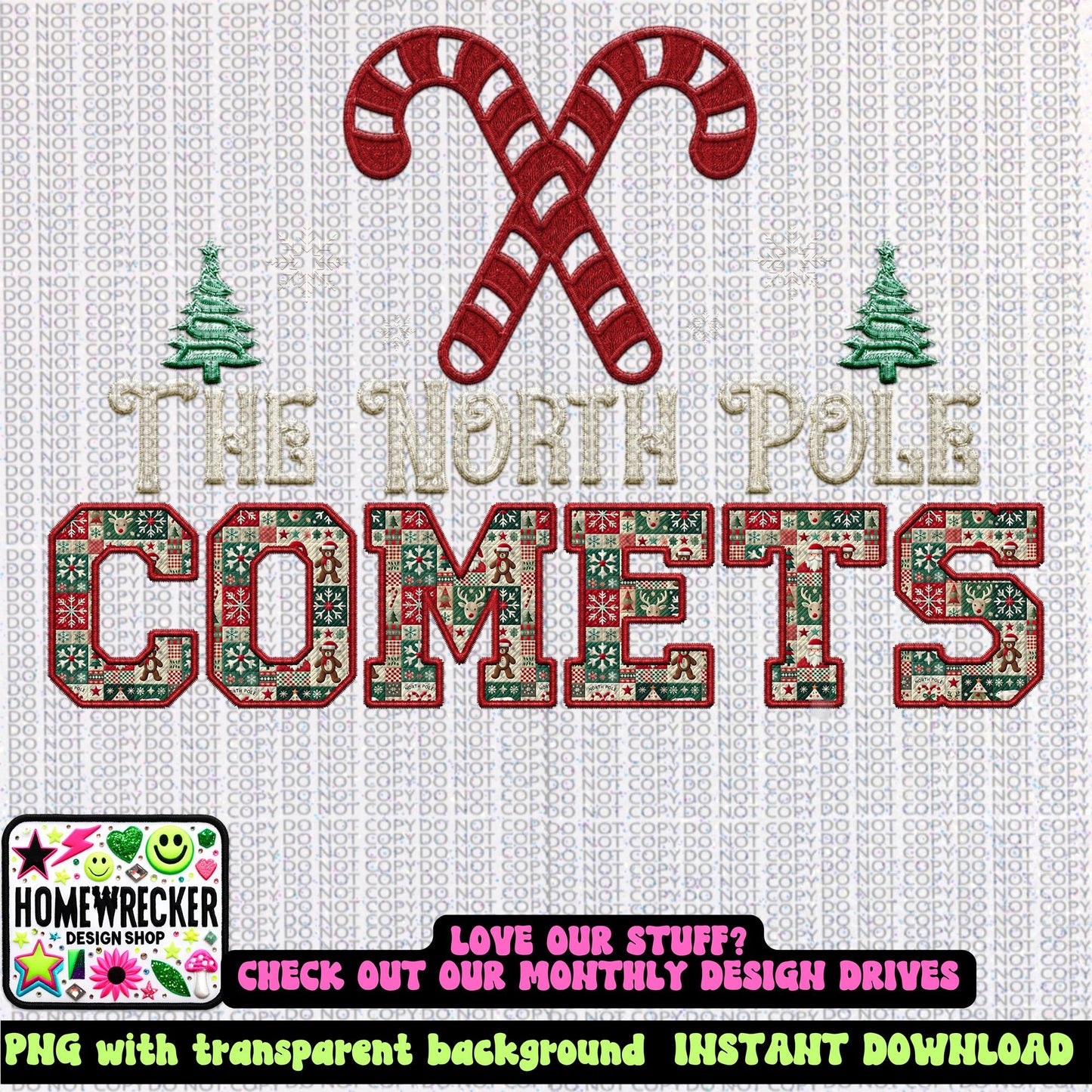 Comets Christmas themed Mascot PNG Christmas School Spirit, Holiday Mascot, Game day Christmas Festive Faux Embroidery Digital Download