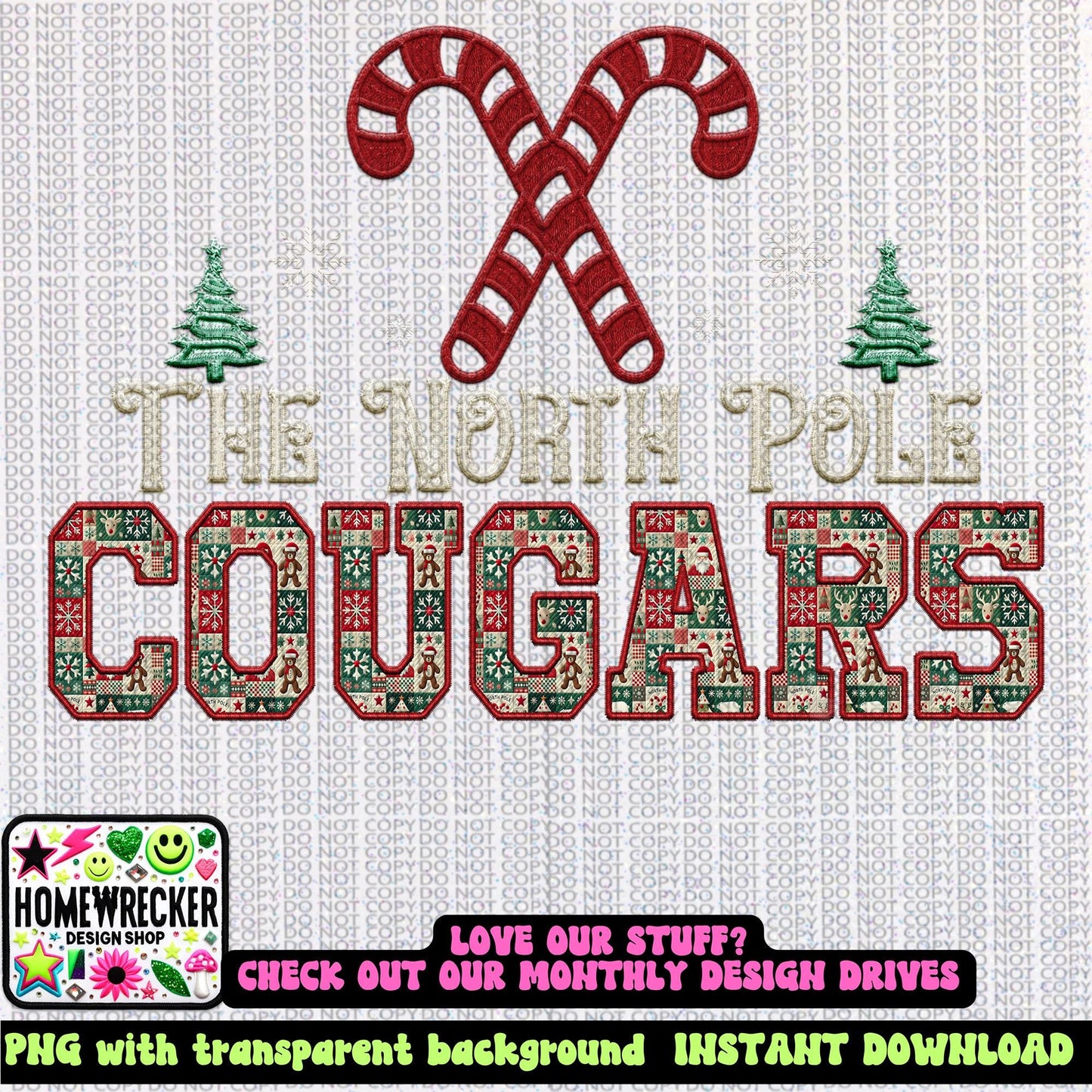Cougars Christmas themed Mascot PNG Christmas School Spirit, Holiday Mascot, Game day Christmas Festive Faux Embroidery Digital Download