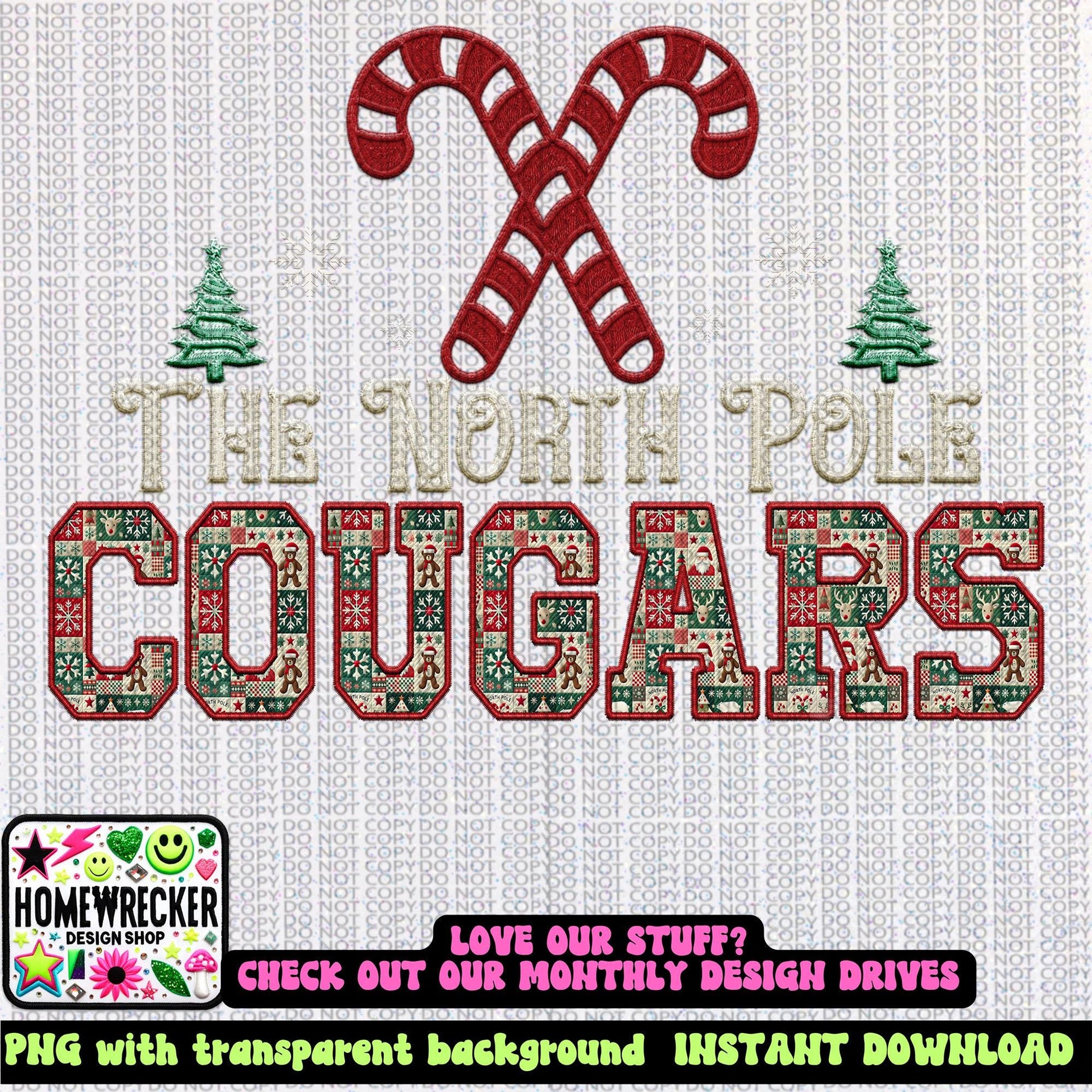 Cougars Christmas themed Mascot PNG Christmas School Spirit, Holiday Mascot, Game day Christmas Festive Faux Embroidery Digital Download