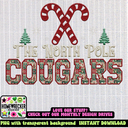 Cougars Christmas themed Mascot PNG Christmas School Spirit, Holiday Mascot, Game day Christmas Festive Faux Embroidery Digital Download