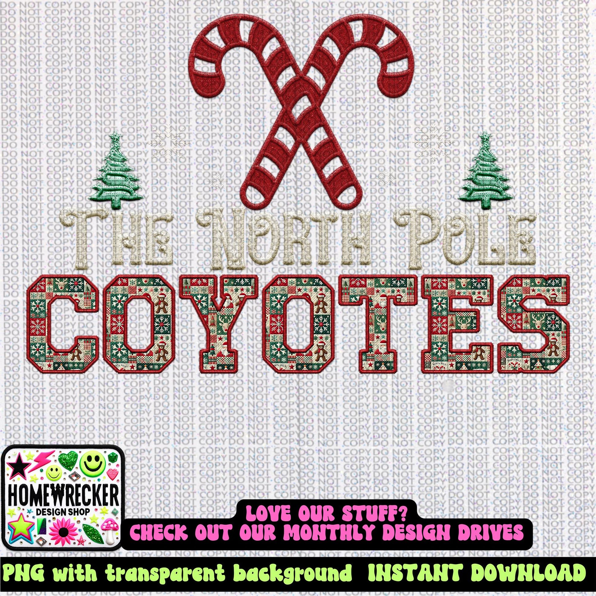 Coyotes Christmas themed Mascot PNG Christmas School Spirit, Holiday Mascot, Game day Christmas Festive Faux Embroidery Digital Download