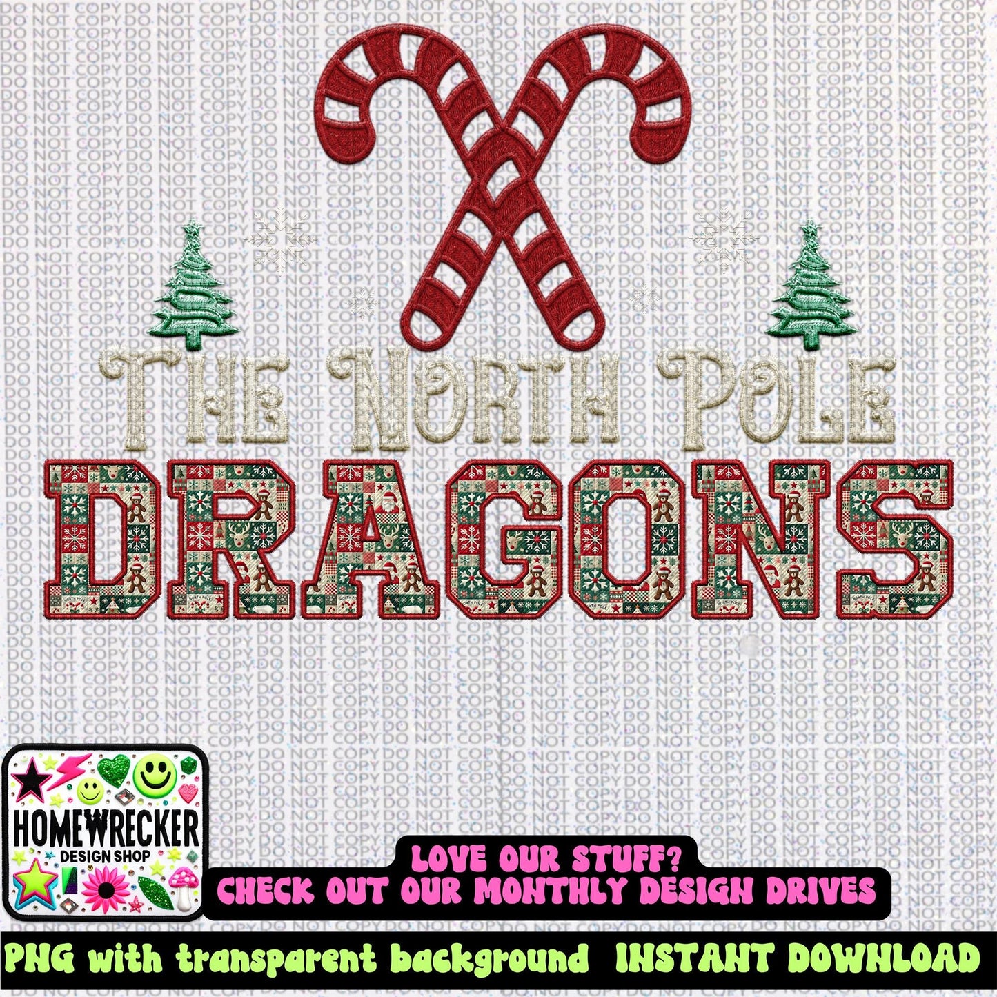 Dragons Christmas themed Mascot PNG Christmas School Spirit, Holiday Mascot, Game day Christmas Festive Faux Embroidery Digital Download