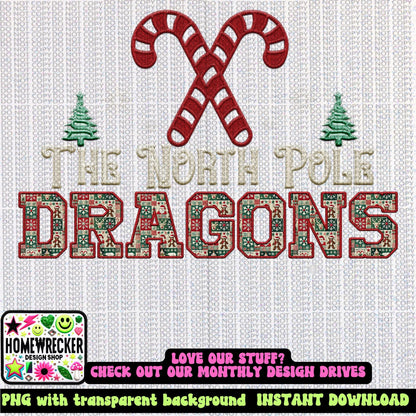 Dragons Christmas themed Mascot PNG Christmas School Spirit, Holiday Mascot, Game day Christmas Festive Faux Embroidery Digital Download