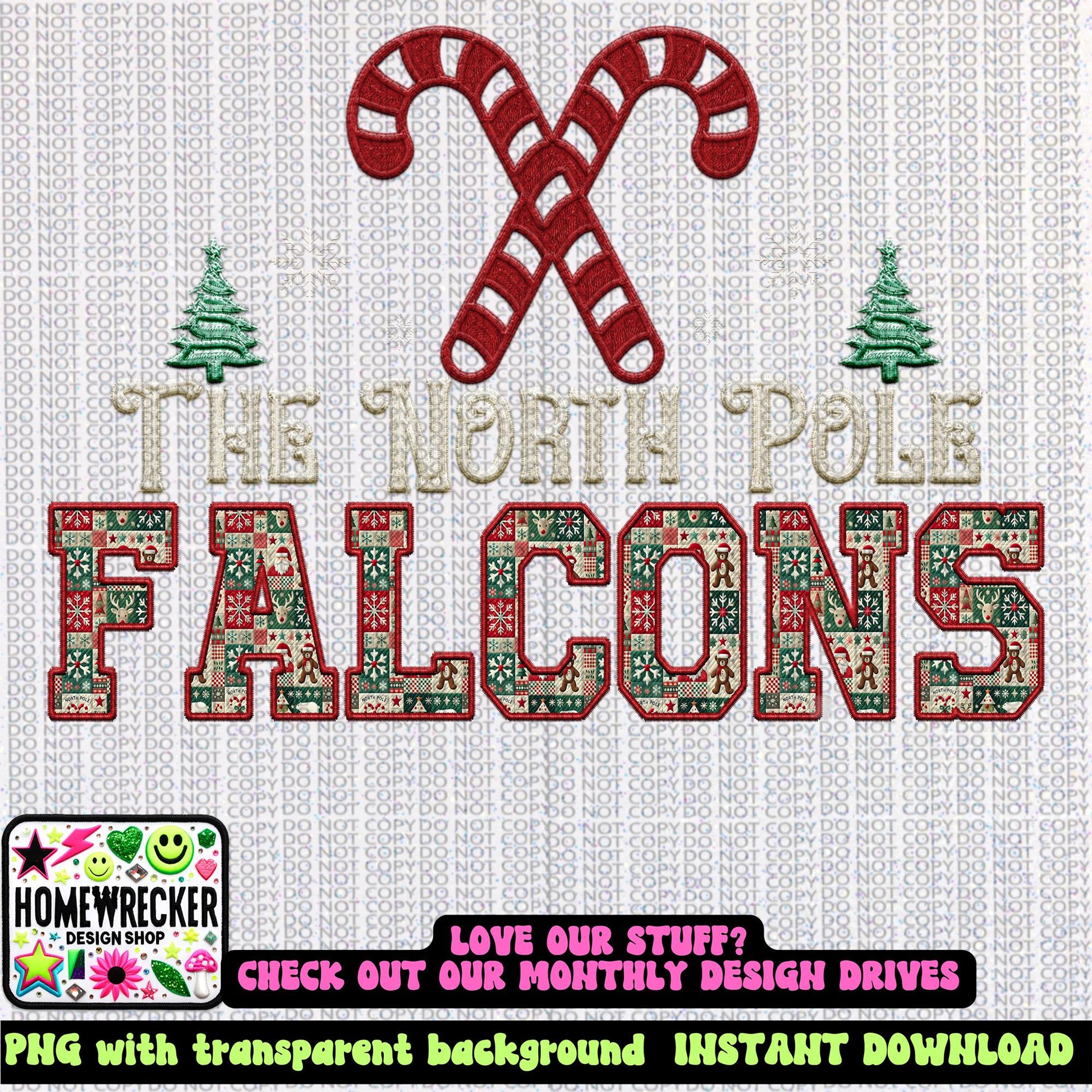 Falcons Christmas themed Mascot PNG Christmas School Spirit, Holiday Mascot, Game day Christmas Festive Faux Embroidery Digital Download