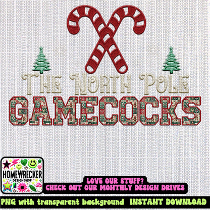 Gamecocks Christmas themed Mascot PNG Christmas School Spirit, Holiday Mascot, Game day Christmas Festive Faux Embroidery Digital Download