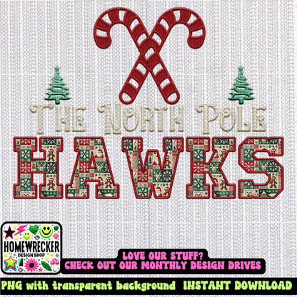 Hawks Christmas themed Mascot PNG Christmas School Spirit, Holiday Mascot, Game day Christmas Festive Faux Embroidery Digital Download