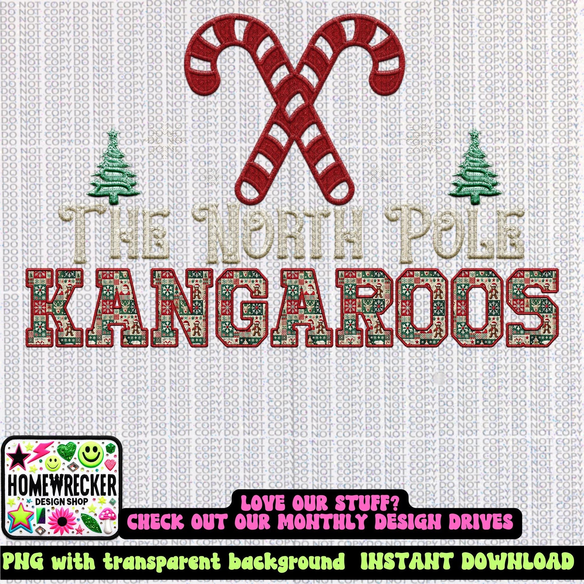 Kangaroos Christmas themed Mascot PNG Christmas School Spirit, Holiday Mascot, Game day Christmas Festive Faux Embroidery Digital Download