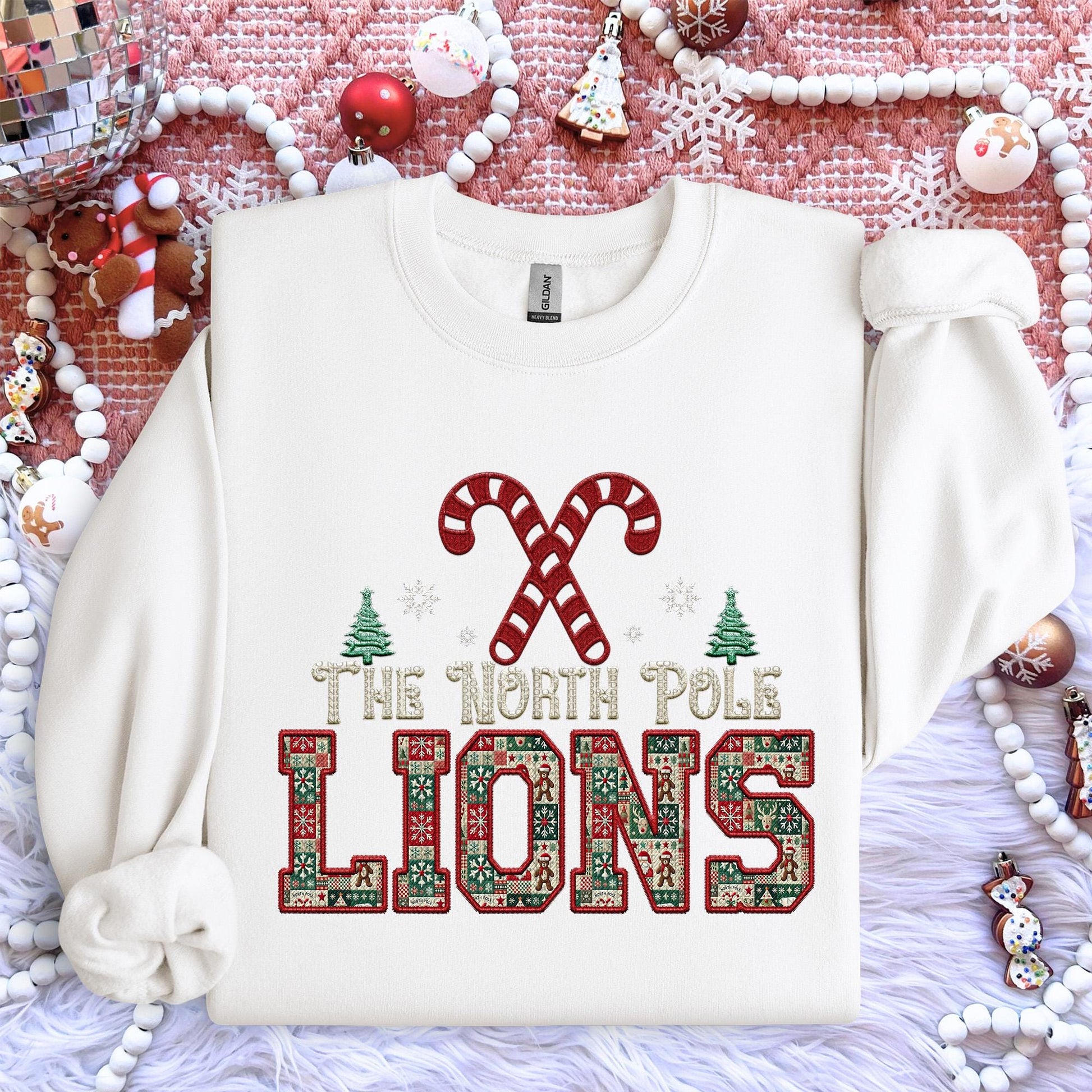 Lions Christmas themed Mascot PNG Christmas School Spirit, Holiday Mascot, Game day Christmas Festive Faux Embroidery Digital Download