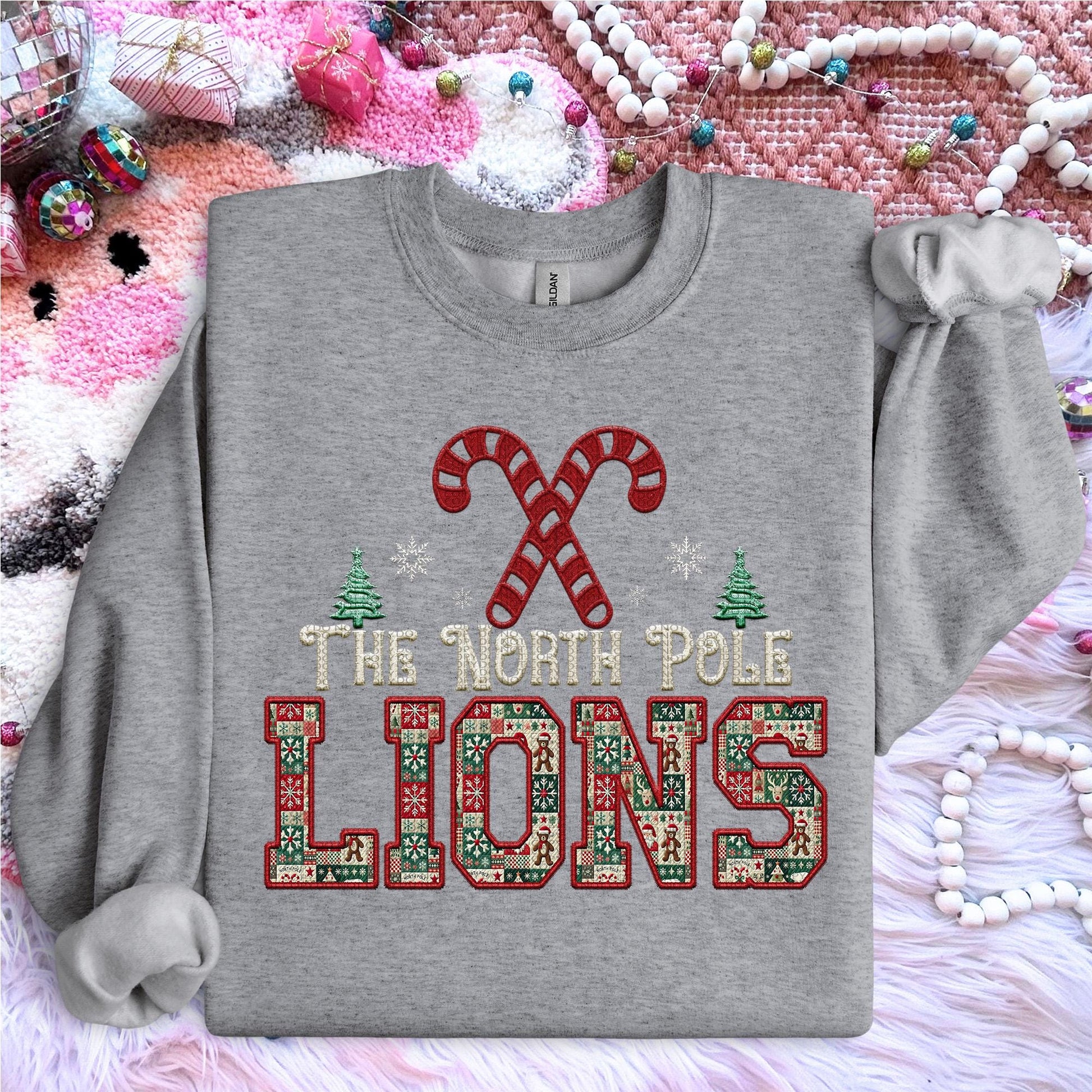 Lions Christmas themed Mascot PNG Christmas School Spirit, Holiday Mascot, Game day Christmas Festive Faux Embroidery Digital Download