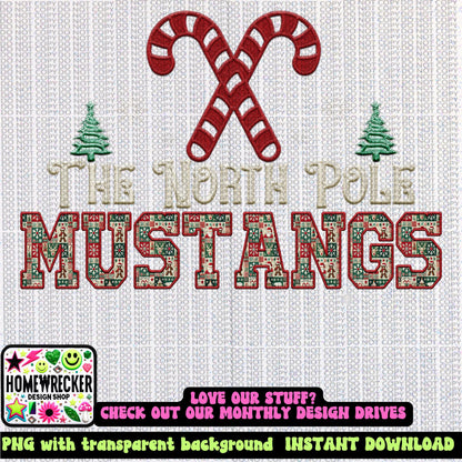 Mustangs Christmas themed Mascot PNG Christmas School Spirit, Holiday Mascot, Game day Christmas Festive Faux Embroidery Digital Download