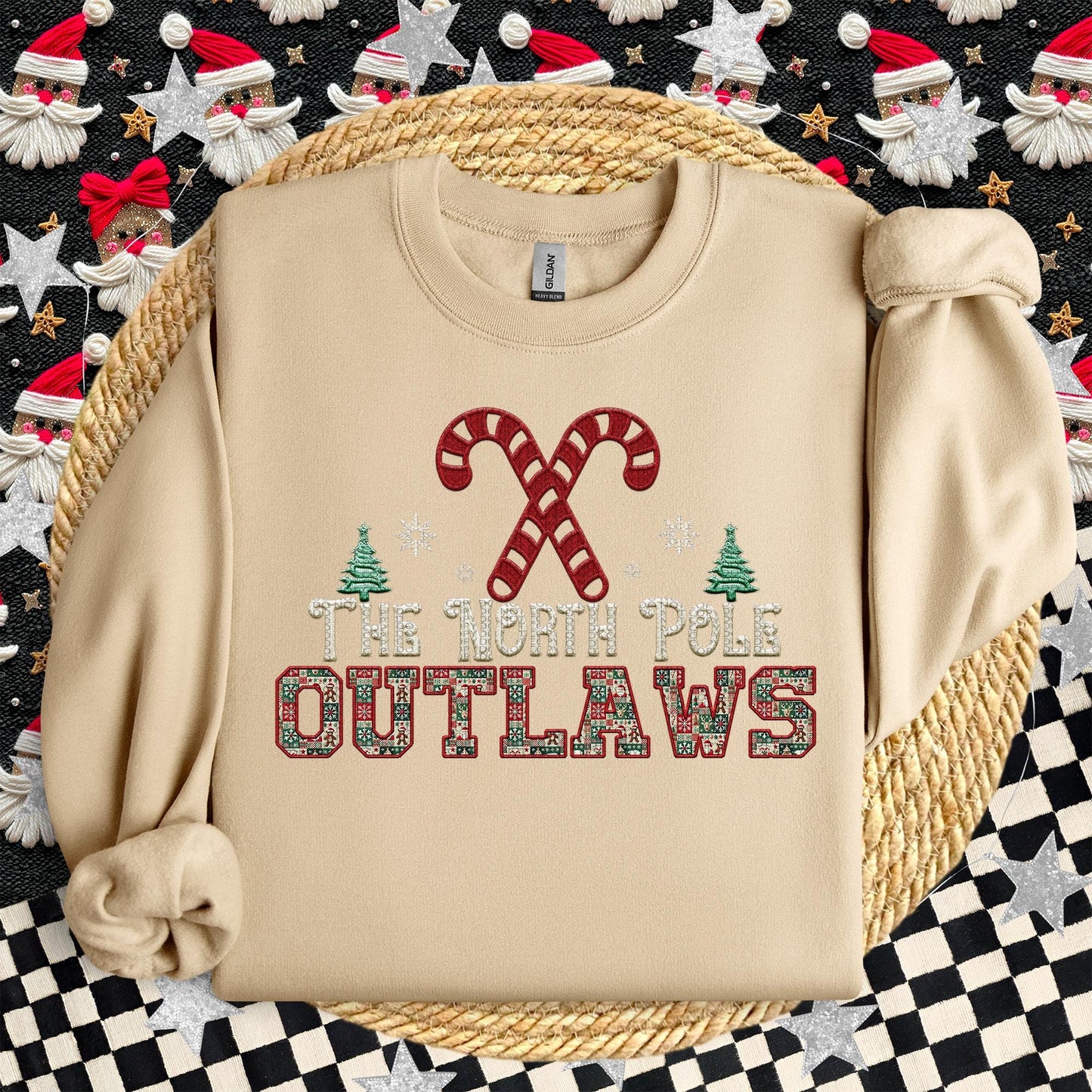 Outlaws Christmas themed Mascot PNG Christmas School Spirit,Holiday Mascot, Game day Christmas Festive Faux Embroidery Digital Download